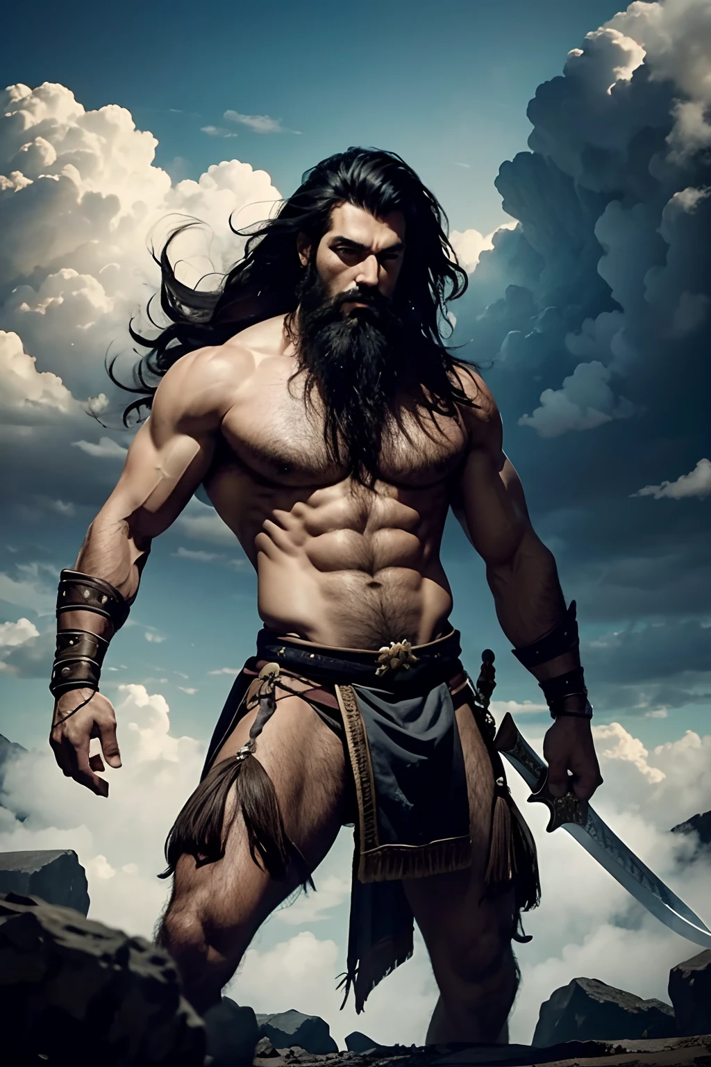 Tall warrior, with a black beard, flowing hair, athletic build, bare chest, well-defined body, wearing a loincloth, raising a sword, shouting, in the middle of the clouds.