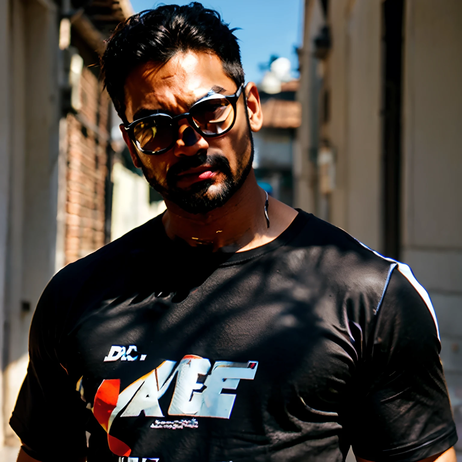 Strong brown man wears black glasses, de camiseta preta
