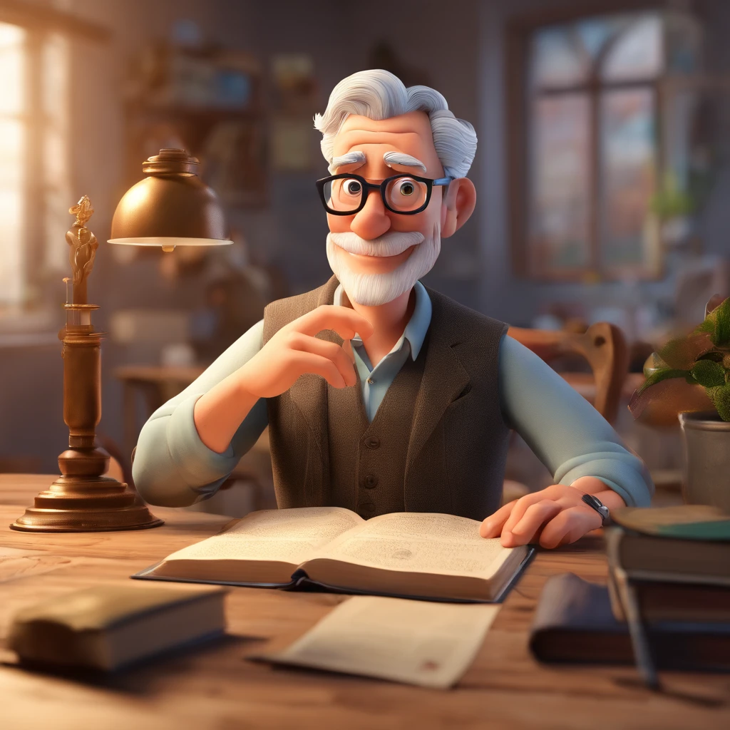 Crie um cartaz inspirado na Disney Pixar com o personagem sendo o pastor Rubens Janier, A gray-haired man wearing glasses, in an office with a Bible on the table