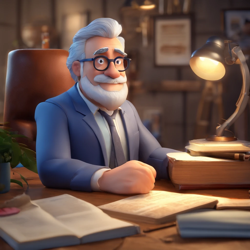 Crie um cartaz inspirado na Disney Pixar com o personagem sendo o pastor Rubens Janier, A gray-haired man wearing glasses, in an office with a Bible on the table