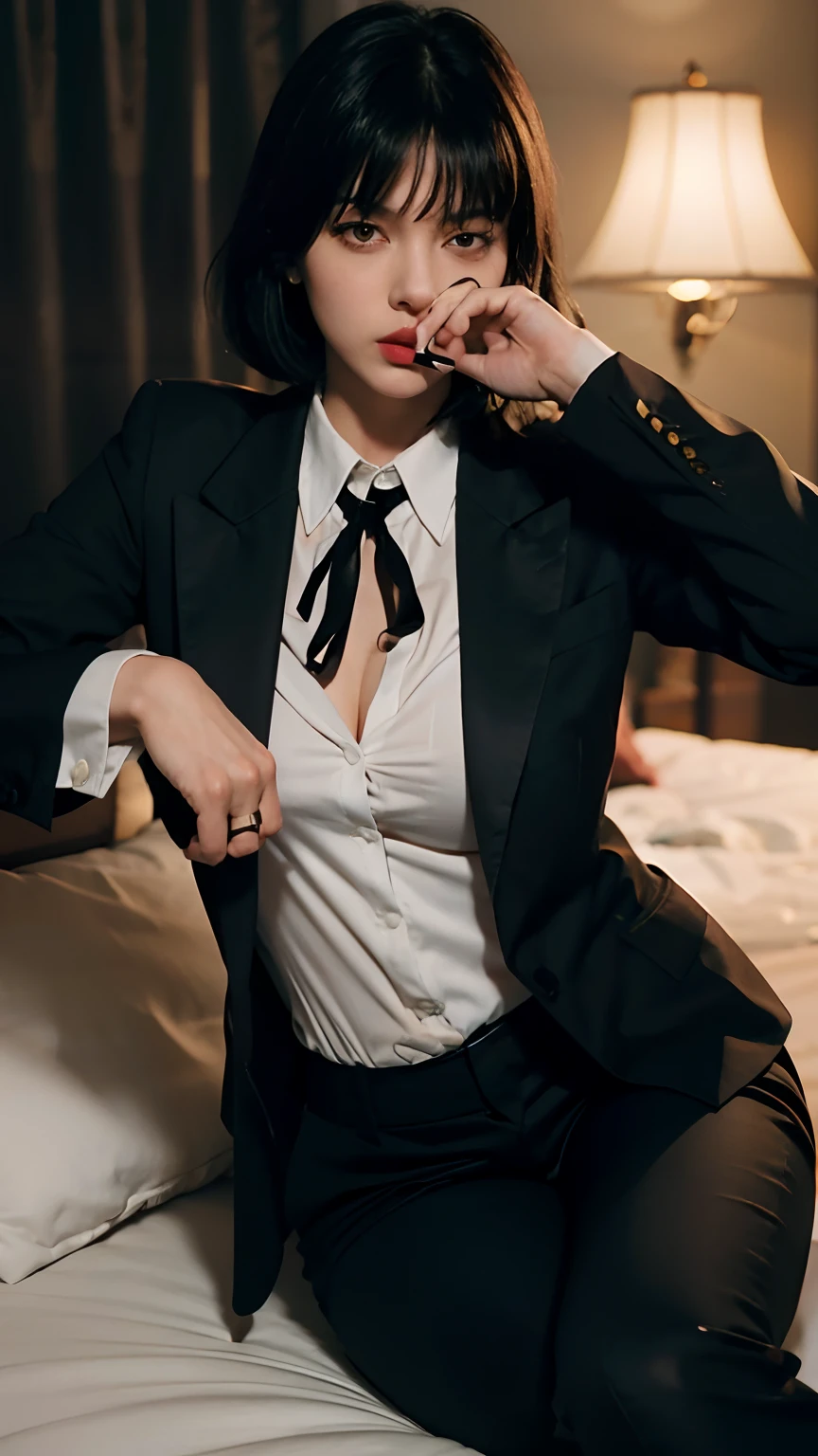 lying women in bed, Next to the lamp, all fours,『Pulp Fiction 1994』, Dramatic Smoking Pose, smoking paper cigars, hold a paper cigars, wearing Black suit jacket, White button shirt, Black pants, Black tie, Smoke and fog, Cinematic, Looking at the camera