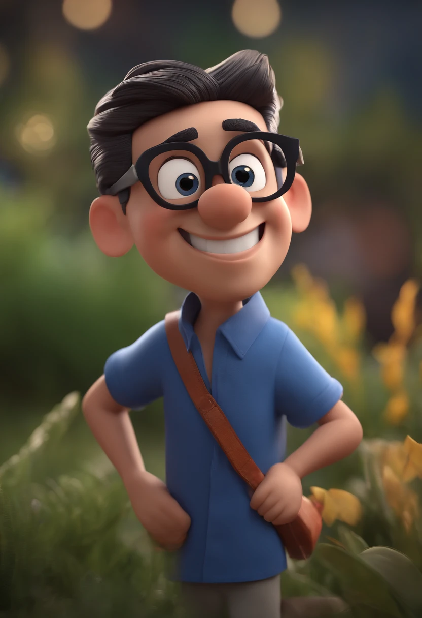Cartoon character of a man with black glasses and a blue shirt, animation character, Caractere estilizado, animation style rendering, 3D estilizado, Arnold Maya render, 3 d render stylized, toon render keyshot, Personagem 3D, Personagem 3D, 3d rendering stylized, 3 d character render, personagem de desenho animado, Personagem de close up, Pose de personagem, (Estilo Pixar) (master part:1.2) (Bokeh) (best quality) (pele detalhada) (textura detalhada) (8k) (argila) (Cinematic lighting) (foco nítido