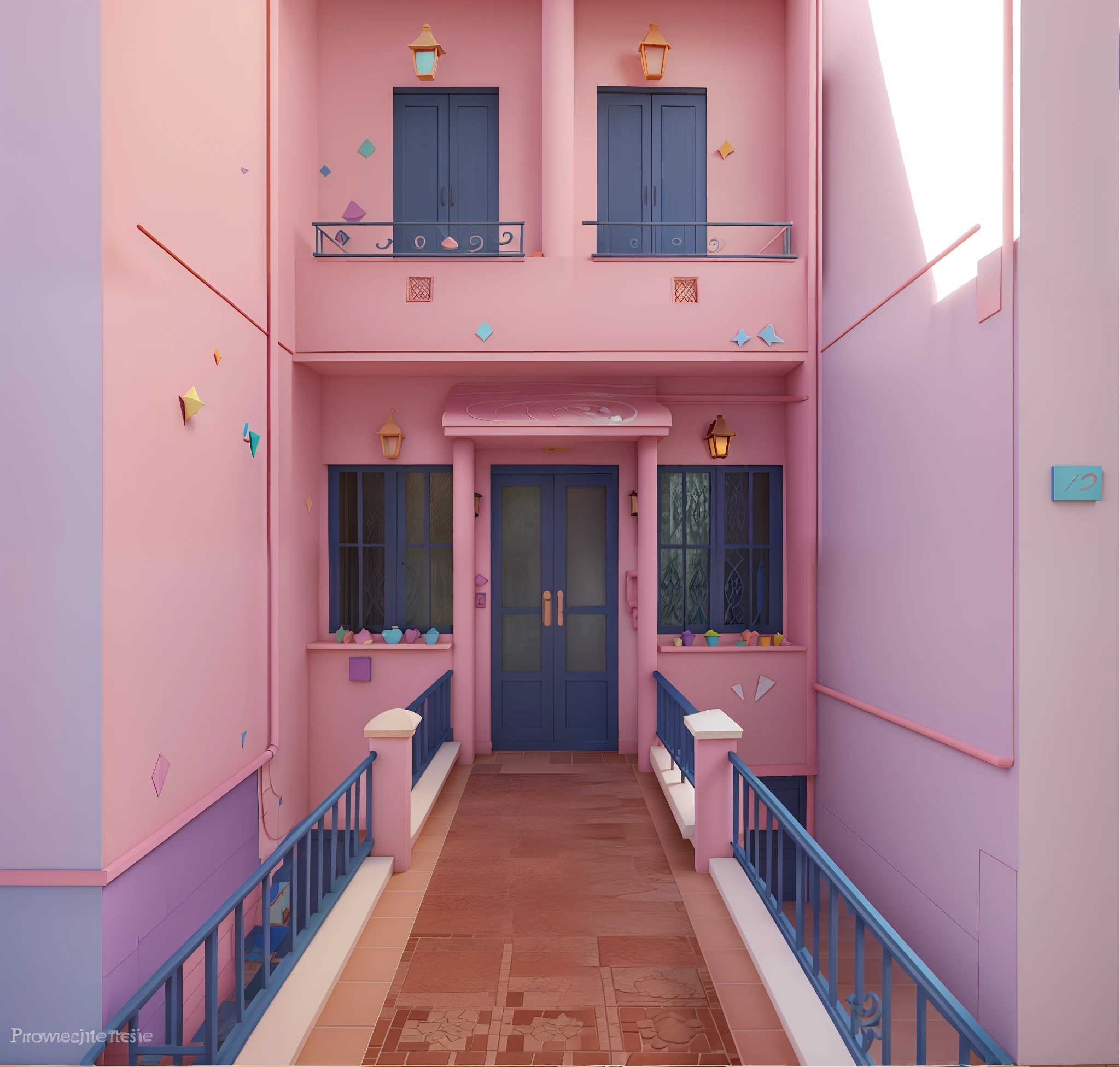 Facade of low-rise building, estilo pixar disney picture, Pale light pink painted walls, janelas e portas na cor azul escuro, brown tile flooring shards, alta qualidade, melhor qualidade, animification, animification, pixar