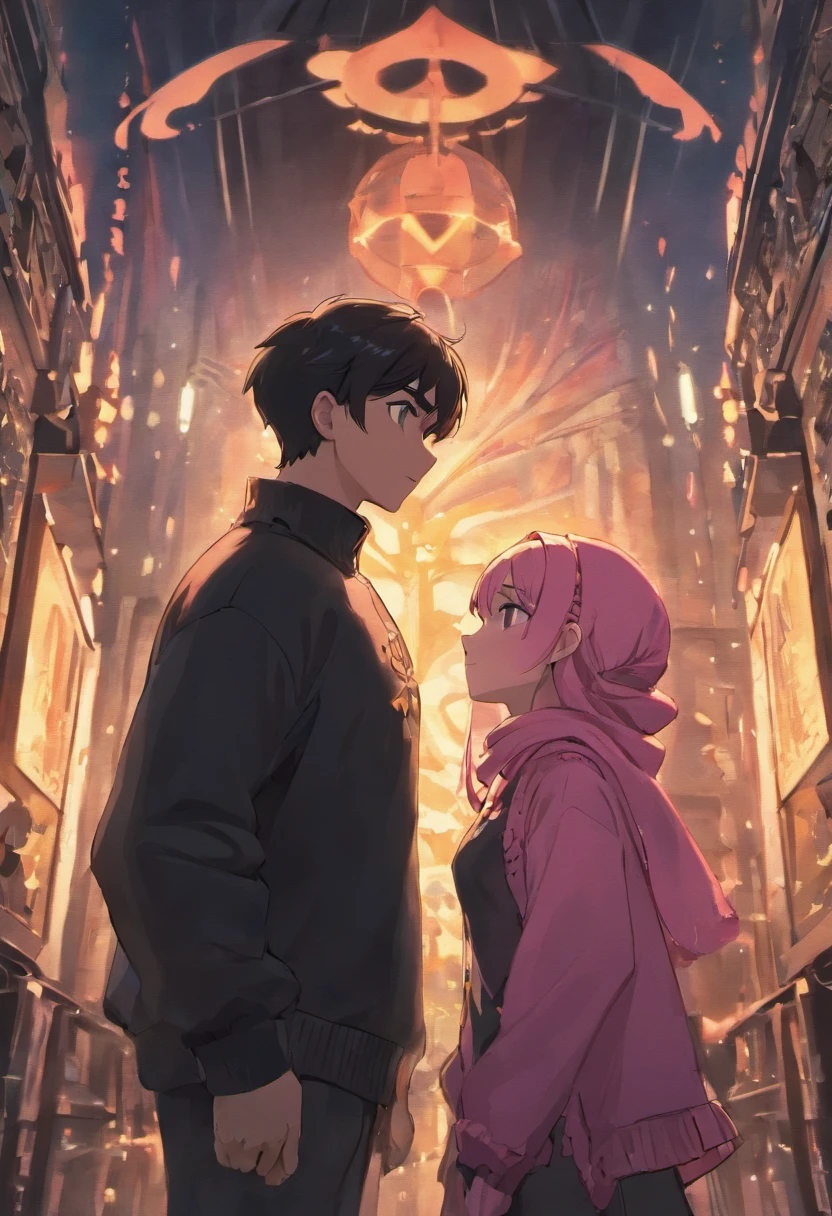 disney pixar movie poster, on the right there is a woman wearing a hijab, black headscarf, wearing a pink hat, wearing a black sweater, on the right a man wearing a polo shirt with an army pattern, posing looking at each other