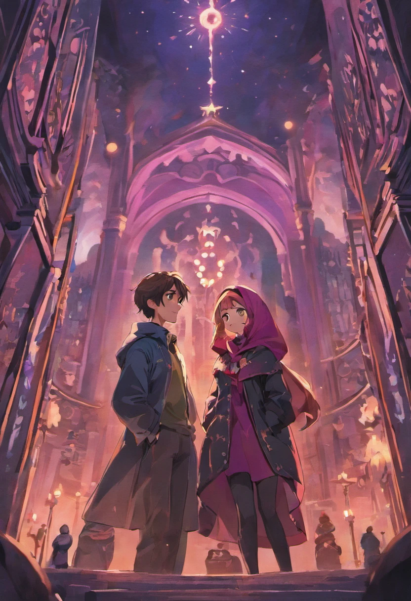disney pixar movie poster, on the right there is a woman wearing a hijab, black headscarf, wearing a pink hat, wearing a black sweater, on the right a man wearing a polo shirt with an army pattern, posing looking at each other