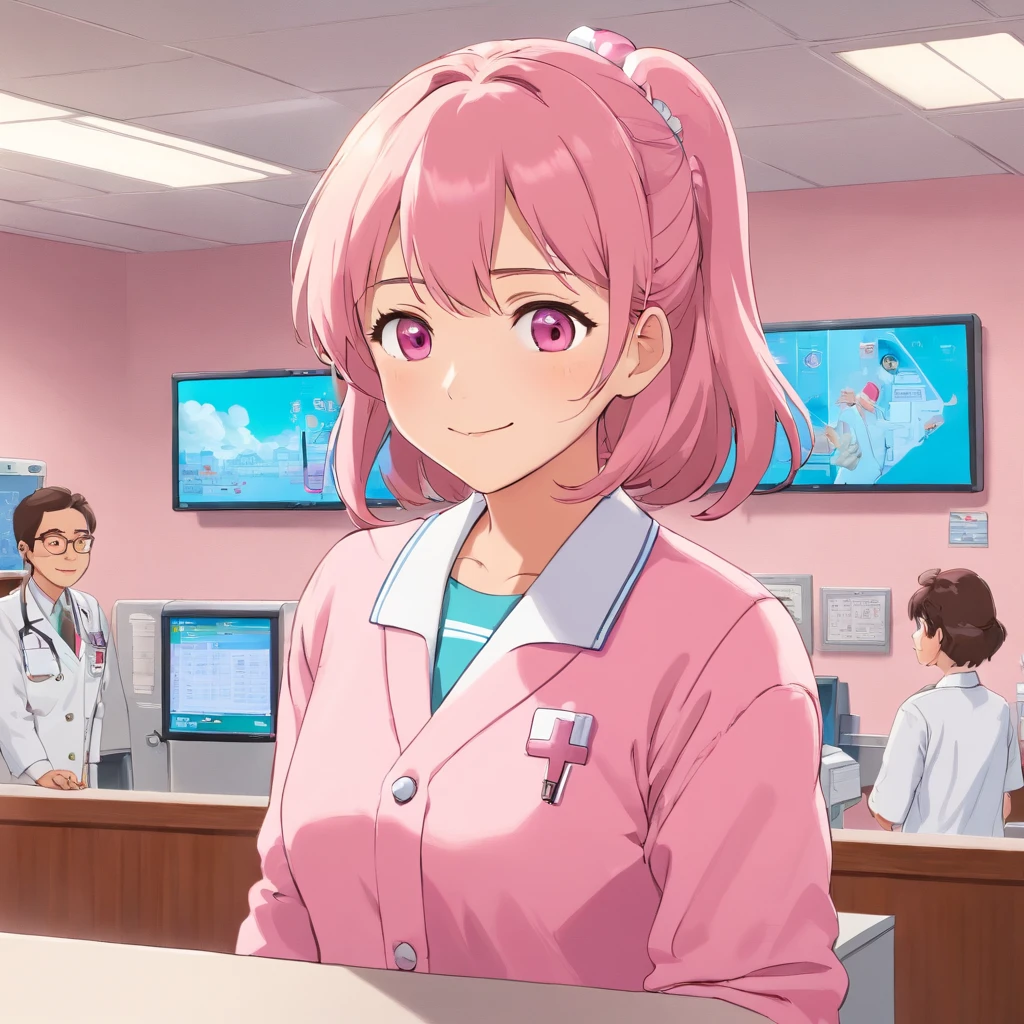 Woman in pink cardigan in nurse's uniform，Stand at the reception desk of the hospital，Look into the distance，With a smile，Faraway view，Studio Ghibli