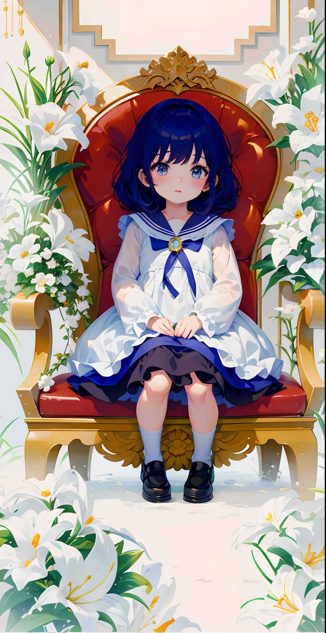 Menina anime sentada em uma cadeira vermelha com flores no fundo, anime moe artstyle, visual anime de uma menina bonito, Guweiz em Pixiv ArtStation, menina pequena loli, Loli no vestido, small curvy loli, Guweiz em ArtStation Pixiv, Arte Zerochan, menina anime bonito, Estilo de arte anime bonito, anime illustration
