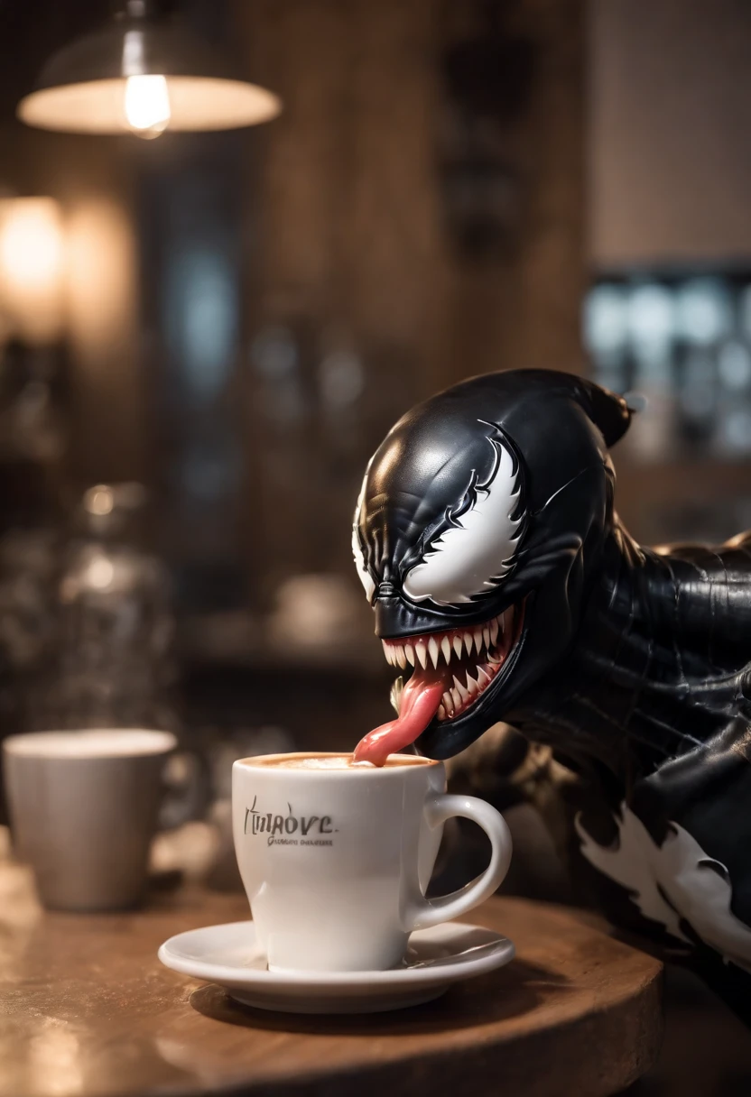 Venom working as a barista, serving coffee, hyper detail, crystal clear image