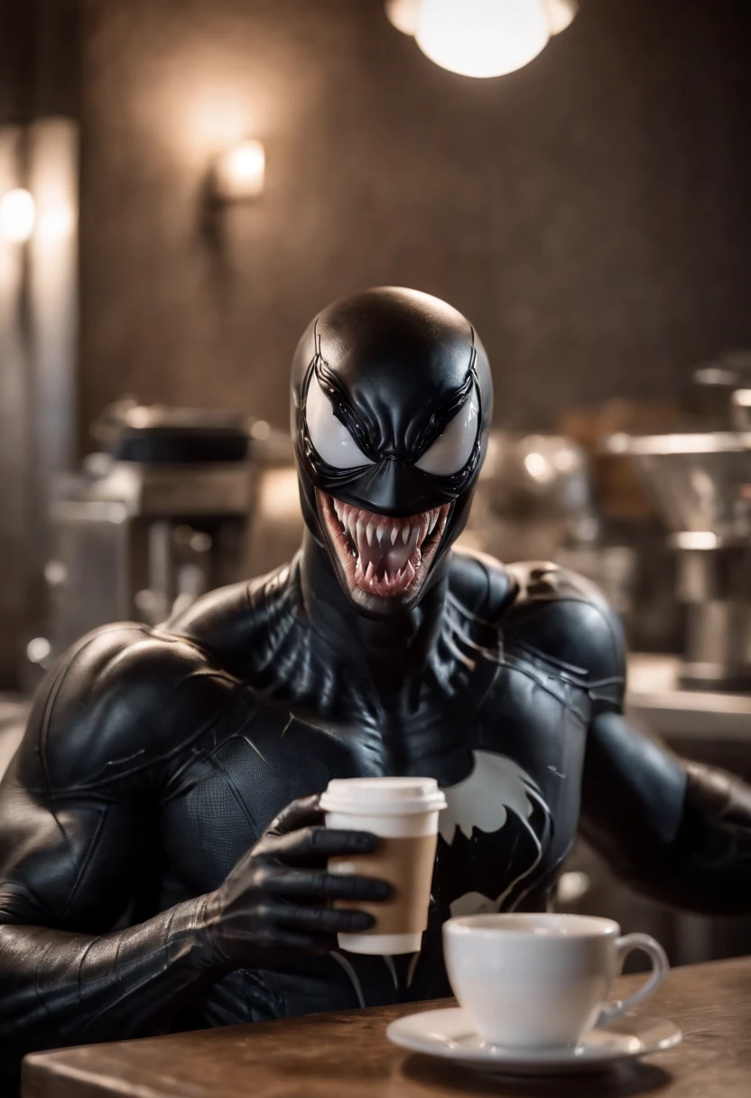 Venom working as a barista, serving coffee, hyper detail, crystal clear image