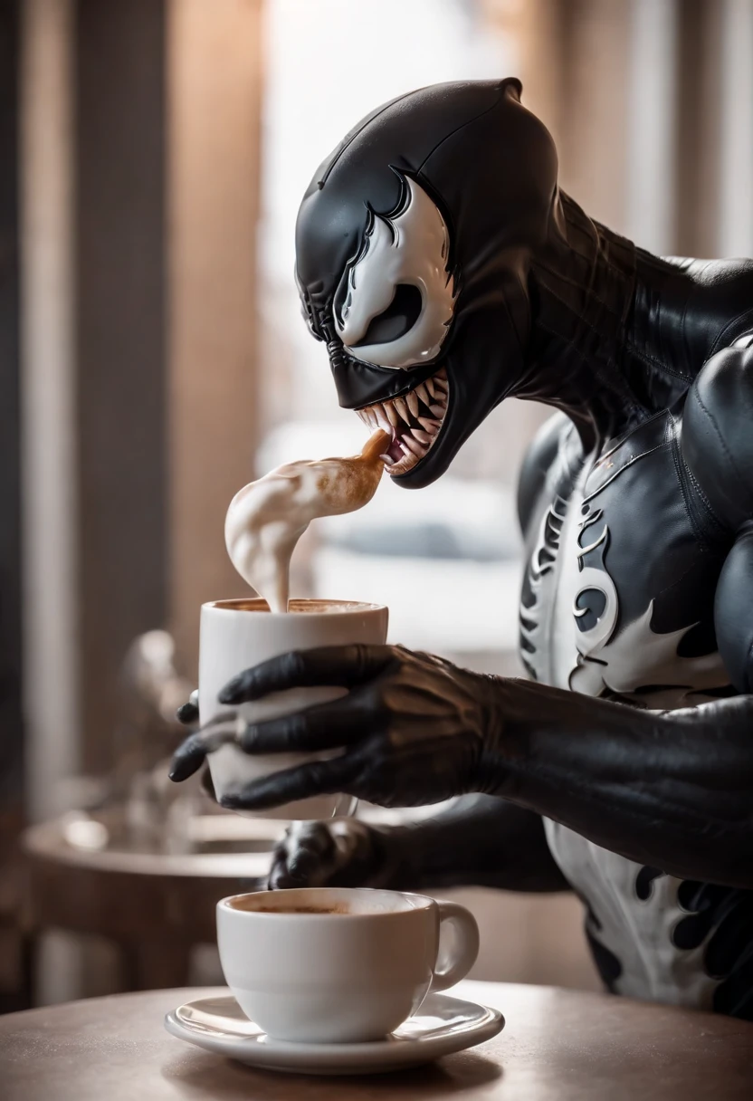 Venom working as a barista, serving coffee, hyper detail, crystal clear image, drinking coffee with his long tongue