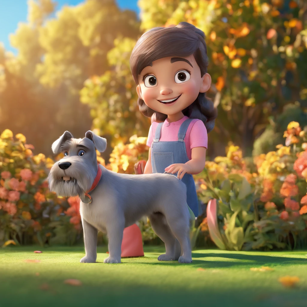 Valentina is a smiling 5-year-old human girl, com seu fiel amigo, parafuso, o cachorro schnauzer, deitados no jardim
