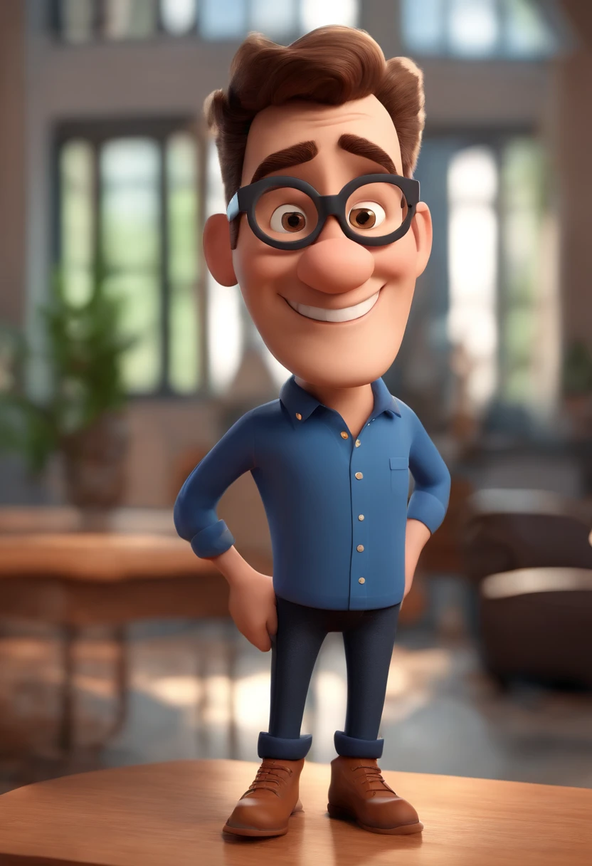 Cartoon character of a man wearing black glasses and a blue shirt, um personagem animado, Caractere estilizado, animation style rendering, 3D estilizado, Arnold Maya render, 3 d render stylized, toon render keyshot, Personagem 3D, Personagem 3D, 3d rendering stylized, 3 d character render, personagem de desenho animado, Personagem de close up, Pose de personagem, (Estilo Pixar) (master part:1.2) (Bokeh) (best quality) (pele detalhada) (textura detalhada) (8k) (argila) (Cinematic lighting) (foco nítido，Senta e vaza a parte superior do corpo