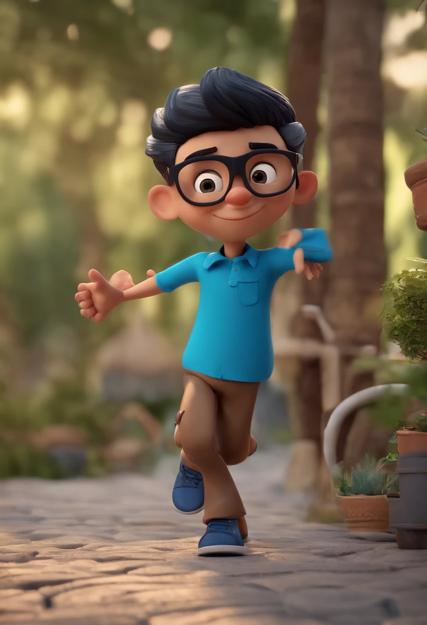 Cartoon character of a man wearing black glasses and a blue shirt, um personagem animado, Caractere estilizado, animation style rendering, 3D estilizado, Arnold Maya render, 3 d render stylized, toon render keyshot, Personagem 3D, Personagem 3D, 3d rendering stylized, 3 d character render, personagem de desenho animado, Personagem de close up, Pose de personagem, (Estilo Pixar) (master part:1.2) (Bokeh) (best quality) (pele detalhada) (textura detalhada) (8k) (argila) (Cinematic lighting) (foco nítido,Senta e vaza a parte superior do corpo