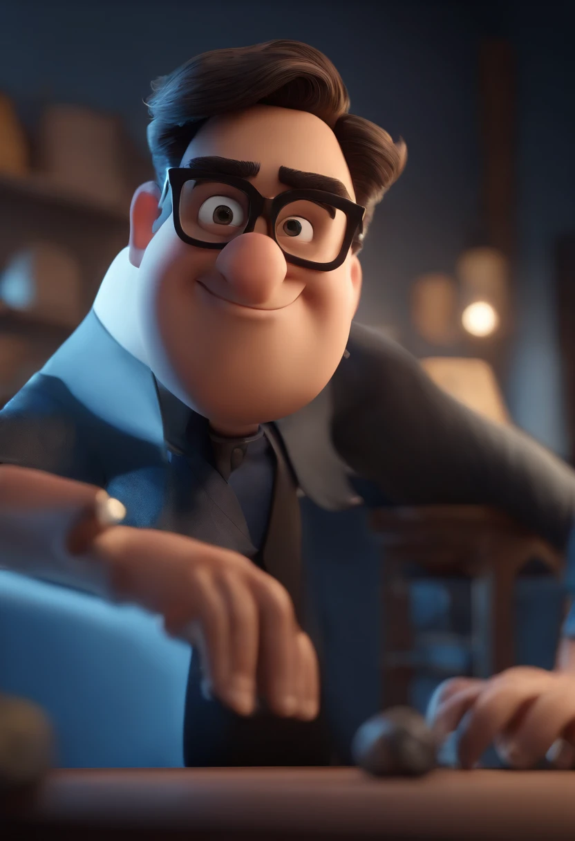 Cartoon character of a man wearing black glasses and a blue shirt, um personagem animado, Caractere estilizado, animation style rendering, 3D estilizado, Arnold Maya render, 3 d render stylized, toon render keyshot, Personagem 3D, Personagem 3D, 3d rendering stylized, 3 d character render, personagem de desenho animado, Personagem de close up, Pose de personagem, (Estilo Pixar) (master part:1.2) (Bokeh) (best quality) (pele detalhada) (textura detalhada) (8k) (argila) (Cinematic lighting) (foco nítido,Senta e vaza a parte superior do corpo