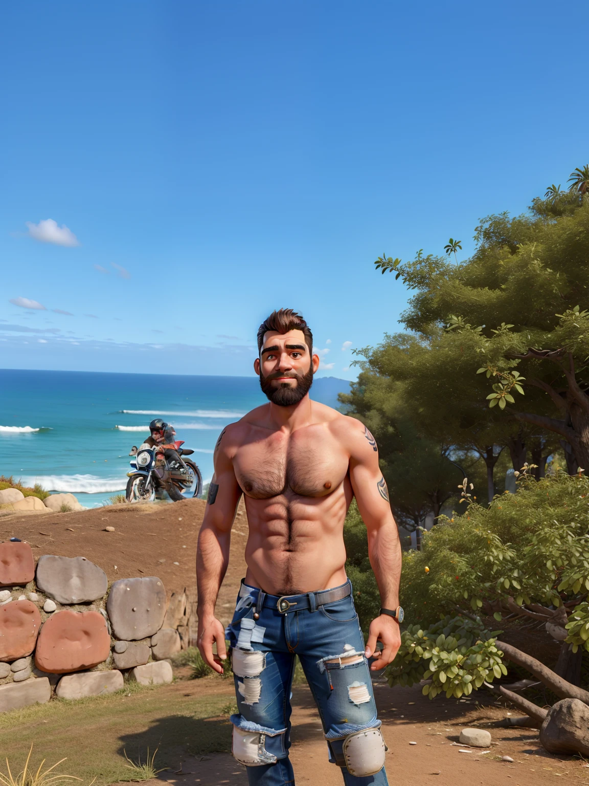 master part, best quality, um velho com barba branca e longos cabelos castanhos, vestindo uma jaqueta de couro e jeans preto, ao lado de sua motocicleta