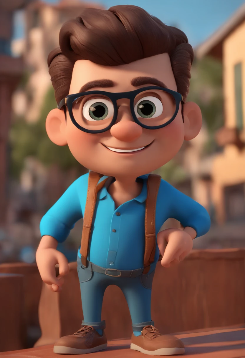 Cartoon character of a man with black glasses and a blue shirt, olhos um pouco puxados, nariz pequeno um pouco redondo nas pontas, Half Thick Eyebrows Animation Character, Caractere estilizado, animation style rendering, 3D estilizado, Arnold Maya render, 3 d render stylized, toon render keyshot, Personagem 3D, Personagem 3D, 3d rendering stylized, 3 d character render, personagem de desenho animado, Personagem de close up, Pose de personagem, (Estilo Pixar) (master part:1.2) (Bokeh) (best quality) (pele detalhada) (textura detalhada) (8k) (argila) (Cinematic lighting) (foco nítido