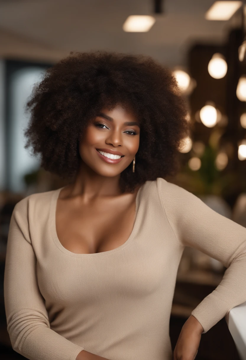 Beautiful black woman wearing a light beige sweater (Nail care in a modern beauty salon), Very detailed, 37 anos, Rosto inocente, cabelos cacheado com textura afro naturais, olhos castanhos, high resolution, master part, best quality, detalhes intrincados, altamente detalhado, Crisp Focus, pele detalhada, textura de pele realista, textura, olhos detalhados, profissional, 4k, sorriso encantador, filmado na Canon, 85 millimeters, profundidade de campo rasa, Cor Kodak Vision, corpo de ajuste perfeito, extremamente detalhado, fotografia_\(Ultra\), photoreallistic, Realista, Post-processing, maximum details, rugosidade, vida real, Ultra realista, fotorrealismo, fotografia, 8k UHD, fotografia, trabalho, s office