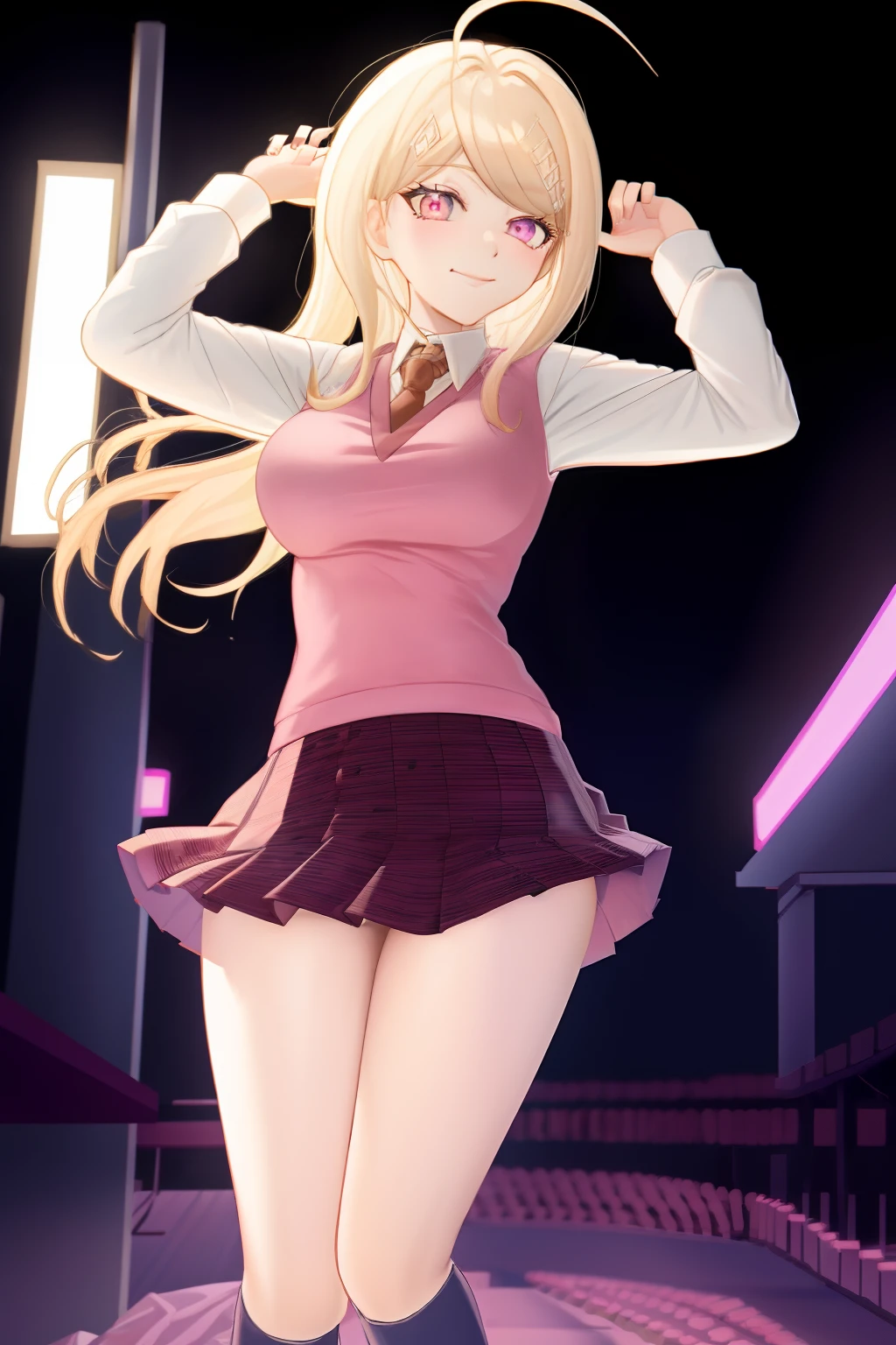 Girl hand, Masterpiece, Best Quality, KaedeDG, (1girl:1.4), necktie, sweater vest, breasts, shirt, long sleeves, solo, beamed eighth notes, white shirt, collared shirt, medium breasts, school uniform, (wind lift:0.8), (panties:0.8), (pretty butt:0.8), smile, solo, (from behind:1), (from below:0.8), (Full body:1.3)