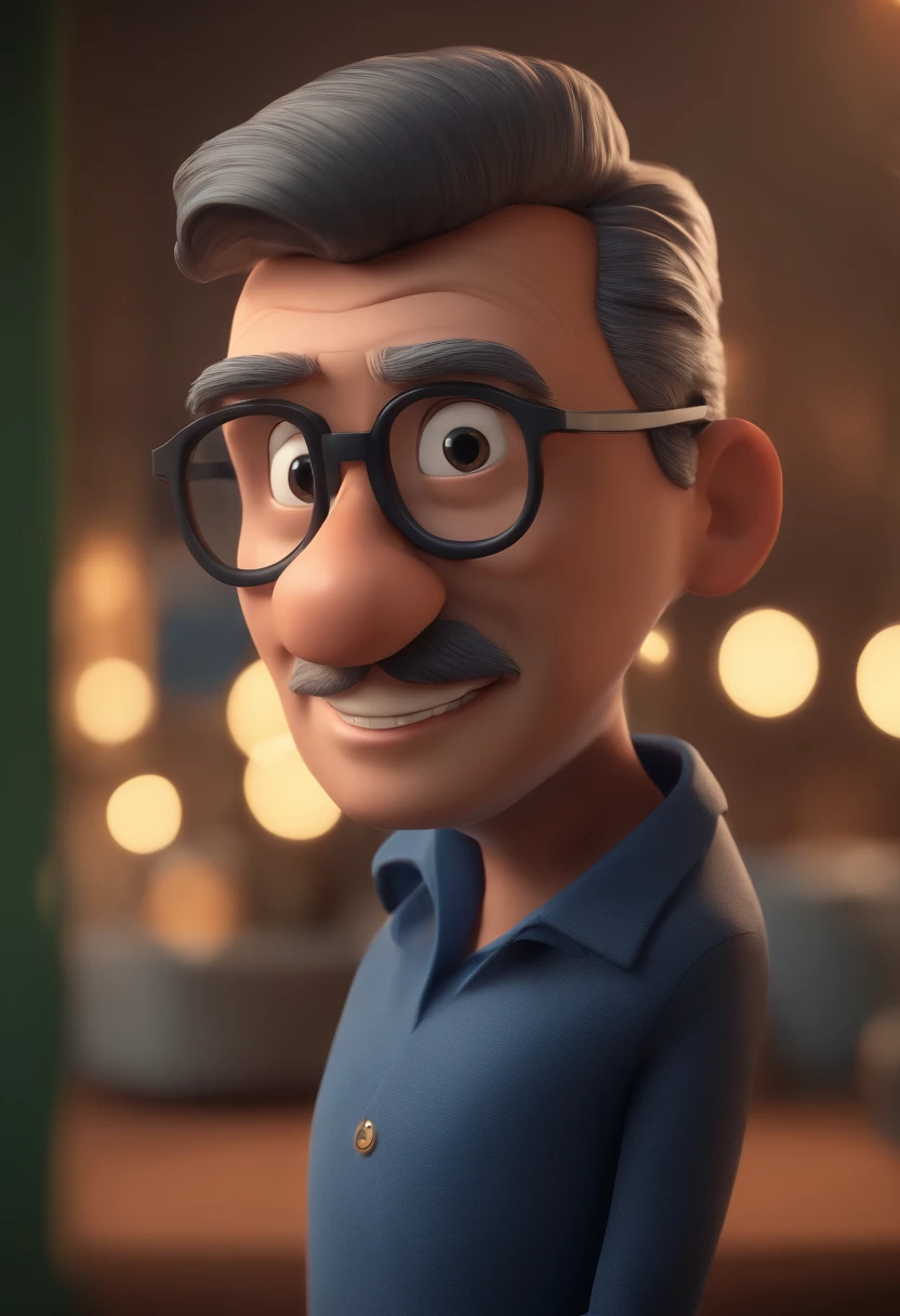 Cartoon character of a man with black glasses and a blue shirt, animation character, Caractere estilizado, animation style rendering, 3D estilizado, Arnold Maya render, 3 d render stylized, toon render keyshot, Personagem 3D, Personagem 3D, 3d rendering stylized, 3 d character render, personagem de desenho animado, Personagem de close up, Pose de personagem,  (Estilo Pixar) (master part:1.2) (Bokeh) (best quality) (pele detalhada) (textura detalhada) (8k) (argila) (Cinematic lighting) (foco nítido