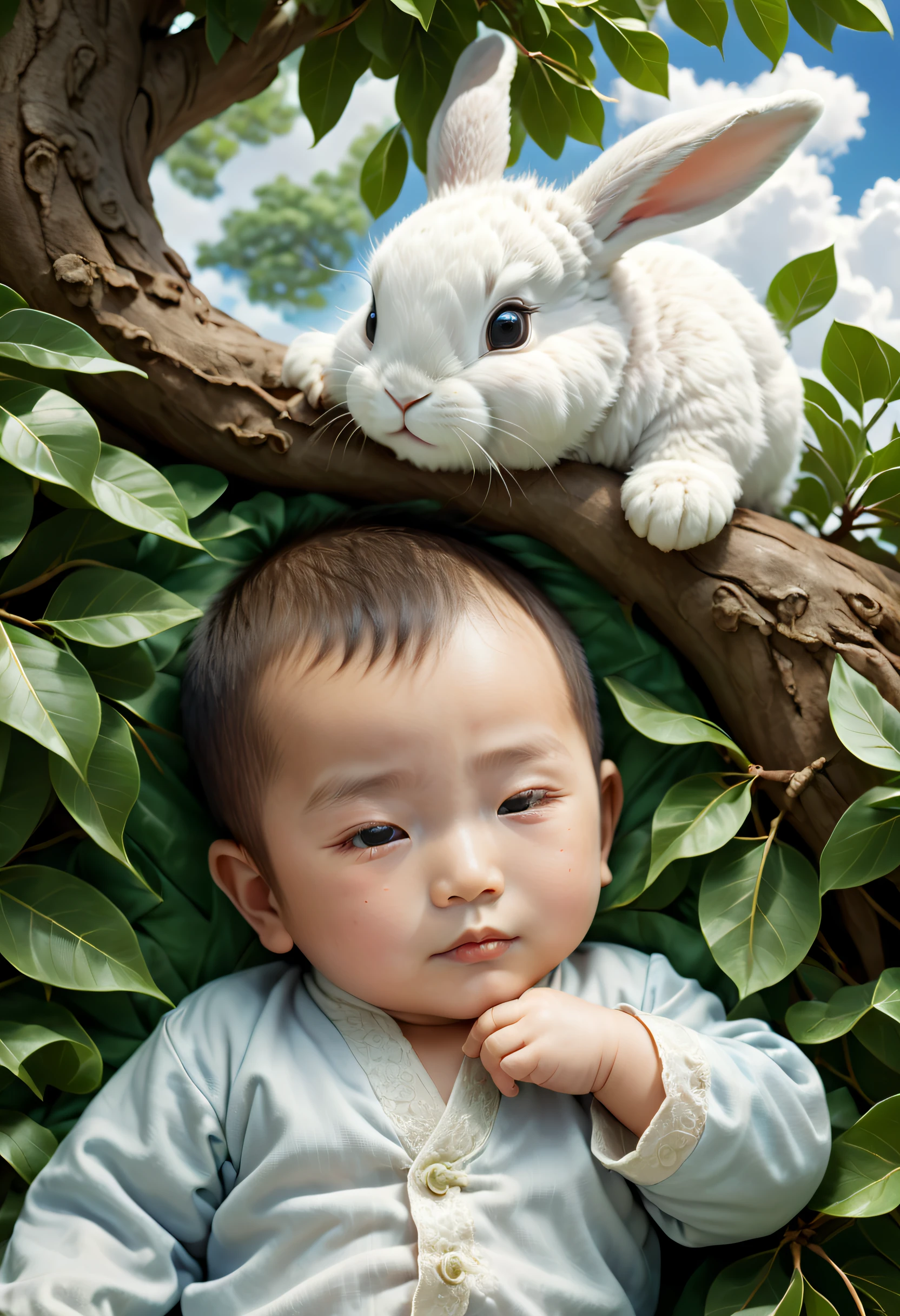 A -yead Chie baby boy,Ly, face round,Sleep next to a laurel tree, a photorealistic painting by Ju Lian, shutterstock contest winner, Fantasy art, A rabbit made of clouds, Chinese fantasy, lie on white clouds fairyland，Camera shot, Film style, Intricate and refined details, high qulity，ChineseGirl