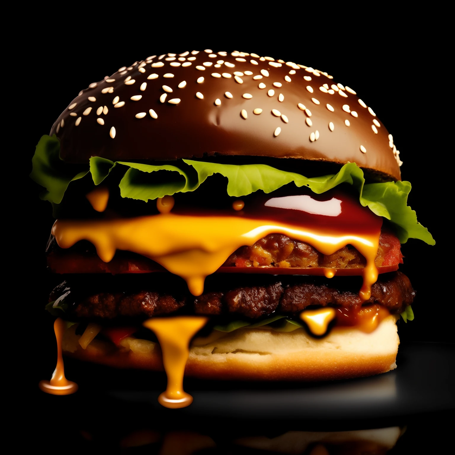 Huge dripping hamburger black background