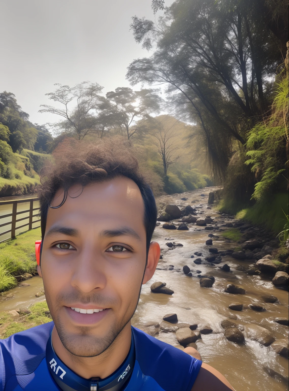 Arafed man taking a selfie in front of a stream, River in front of you, rio ao fundo, com um rio correndo por ele, ao lado de um pequeno rio, Espumante no Riacho Fluindo, Assumido em Go Pro Hero8, peacefully drinking river water, Fotografia selfie 8k, river flowing beside the robot, selfie shot straight on angle