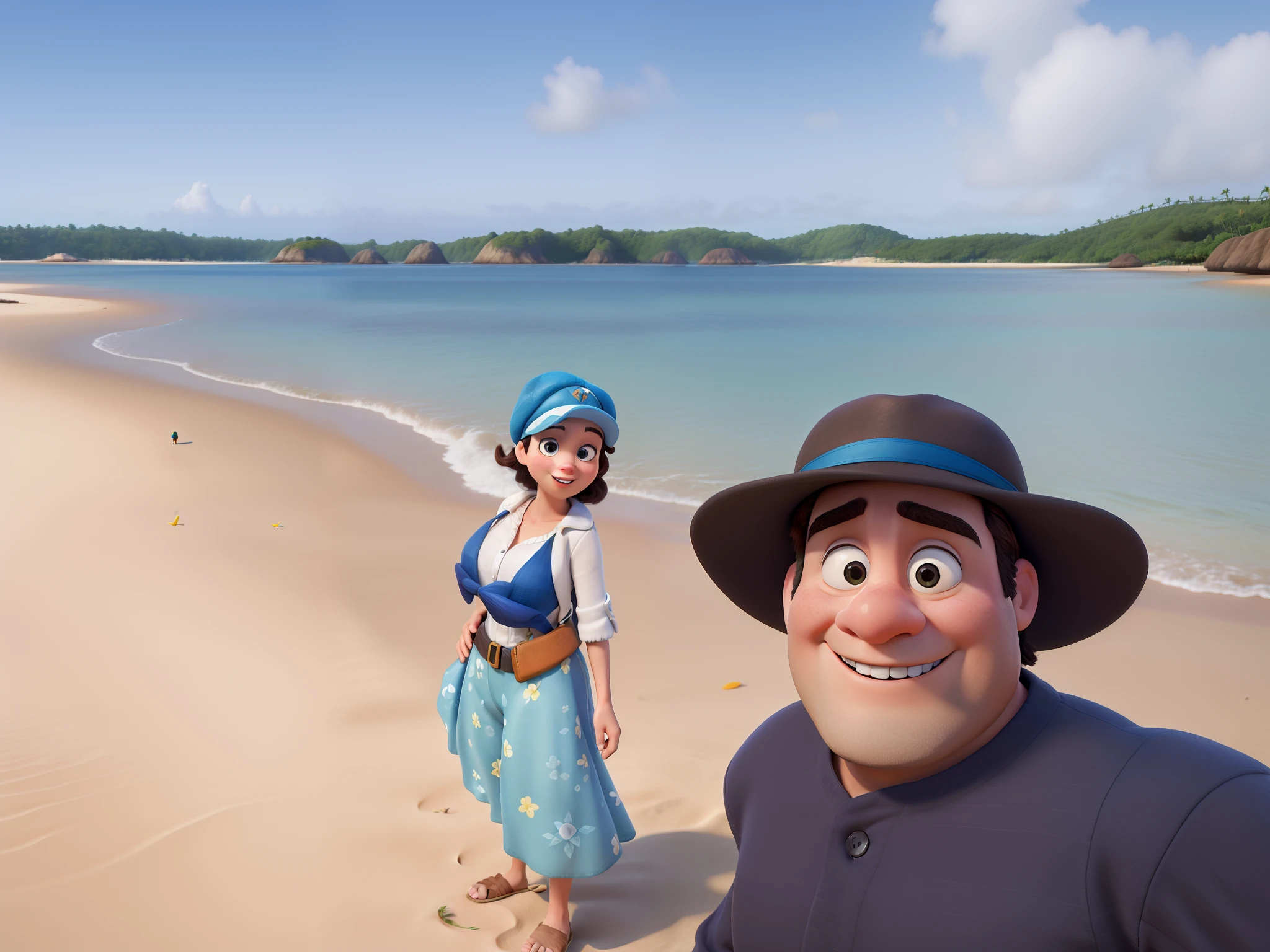Obra-prima ao estilo Disney/Pixar in high quality and high resolution. Woman stands behind man cap in front on a paradisiacal beach