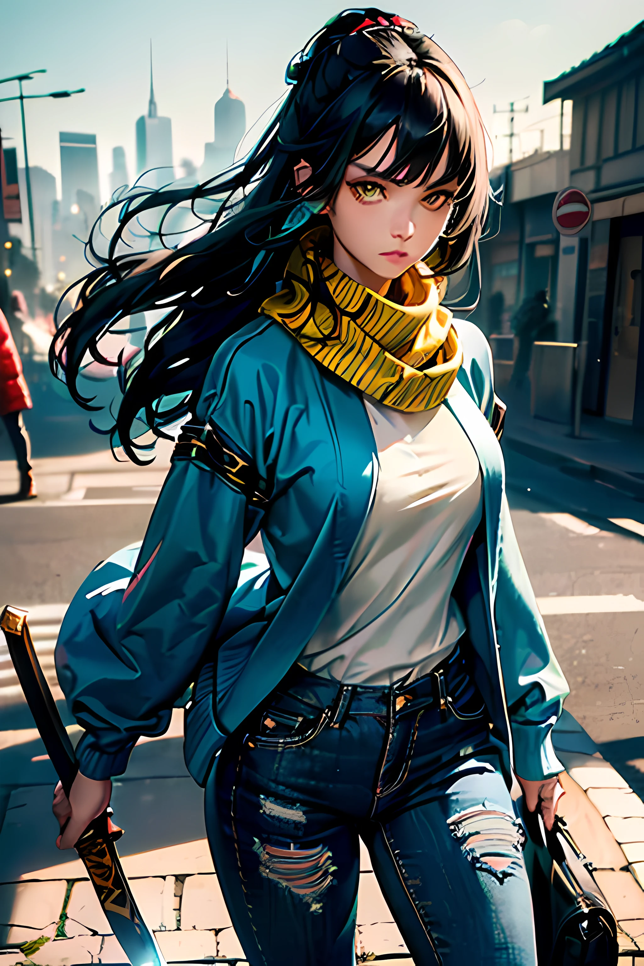 In a Karate Pose, (masterpiece, top quality, best quality, official art, beautiful and aesthetic:1.2), ((Cityscape background)), a close up of a teenage woman holding a sword, ((Teal Long Cardigan Jacket with Long Oversized Sleeves worn)), ((yellow-eyes)), Black turtleneck worn underneath. She dons Blue jeans and Militaristic Boots. ((masterpiece)), (((intense))), (((extreme detailed))), (((top quality))), best quality, Samurai-Sword in scabbard placed by her waist, Long Messy black hair, (absurdres, highres, ultra detailed, (perfect face, flawless face), 1woman, bangs, the woman is a teenager, she stands confidently with a determined expression on her face. The background is a bustling city street, with a sense of danger and intensity, beautiful face, Long Black hair, teenage woman, with yellow-eyes, intricate details, Long Jeans, Scarf wrapped around her neck, Teal Long Cardigan with Long Oversized Sleeves worn, a Black turtleneck worn underneath. She dons Blue jeans and Militaristic Boots.