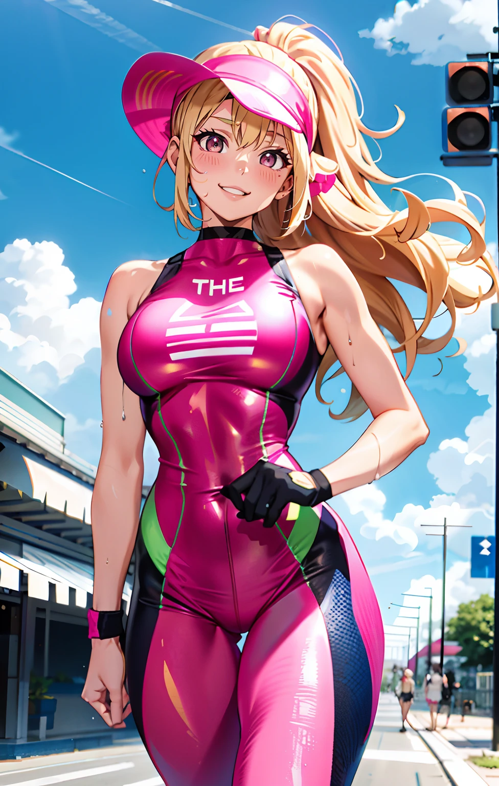 cute, sassy, blonde, teeny girl, blue eyes, tanned, short bangs hairstyle parted into twin tails, big glasses, metallic pink latex swimsuit, high crotch, high black boots, naughty smile, kneeling, sexy panther pose, minimalist backstage, ecchi anime, cinematic, dynamic view, full body,