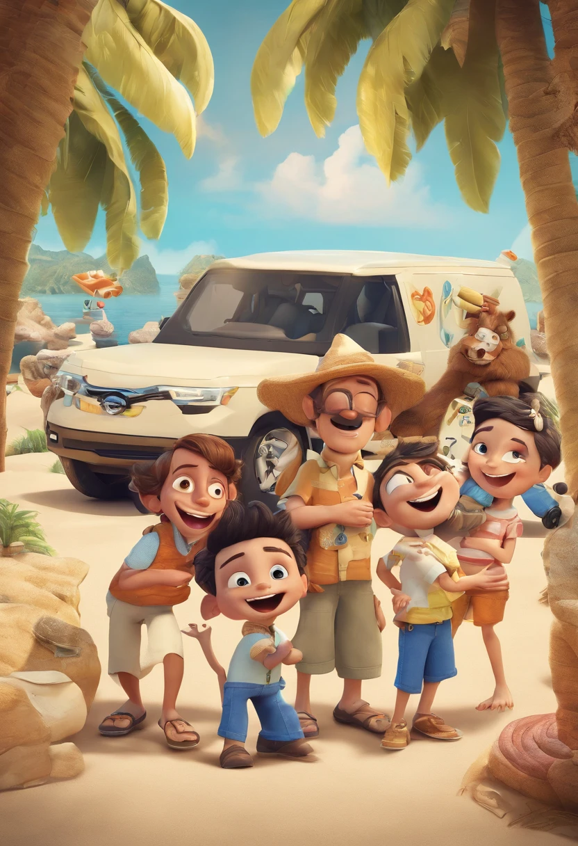 Cartoon of friends having fun on vacation together, 3D Animation Movie Poster, Poster de filme animado, pixar 3 d animation style, pixar renderman rendering, maia 8 mil, animated film, Disney Pixar Estilo 3D, amigos felizes saem juntos, all wearing light blue shirts and cream brown long pants, camisa azul clara, cream brown pants, ao ar livre, vacation, Disney Pixar Animation Poster
