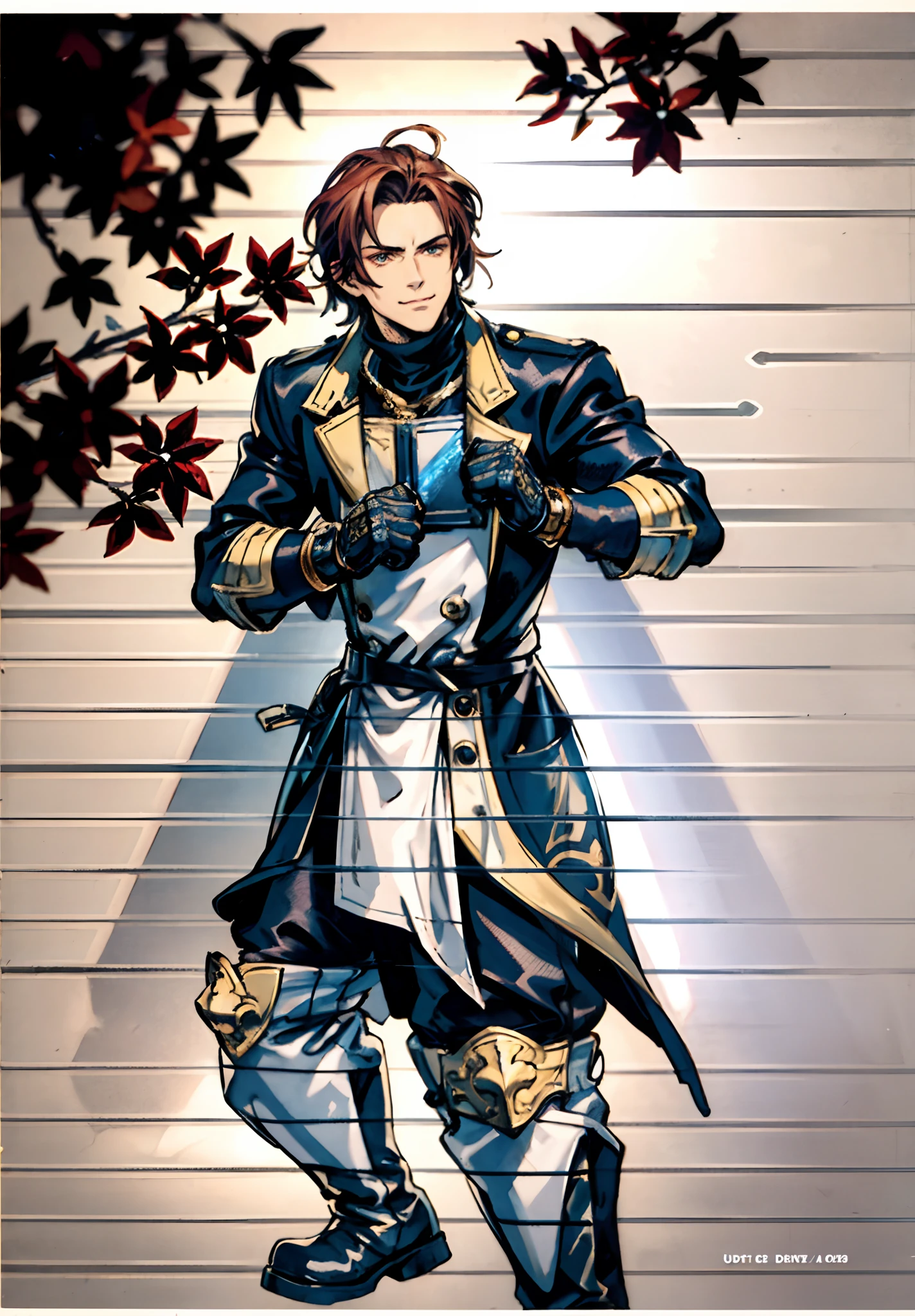 A young man, auburn hair, a center-parted back hairstyle, dark skin, narrow eyes, a cunning smile, a two-piece fantasy-reality style outfit, a white undershirt, a dark formal-style coat, wearing gloves, matching trousers with the outfit, has metallic-adorned knee-high boots, striking a boxing pose, against a background of horizon, this character embodies a finely crafted fantasy-reality style fighter in anime style, characterized by an exquisite and mature manga illustration art style, high definition, best quality, highres, ultra-detailed, ultra-fine painting, extremely delicate, professional, anatomically correct, symmetrical face, extremely detailed eyes and face, high quality eyes, creativity, RAW photo, UHD, 8k, Natural light, cinematic lighting, masterpiece-anatomy-perfect, masterpiece:1.5