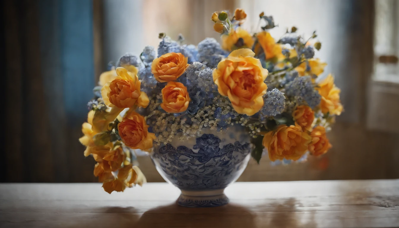 a flower vase, made of ceramic, blue-white color, delicately carved, filled with all kinds of flowers, bright colors, front view,