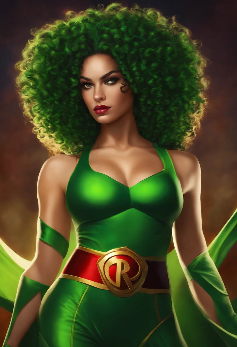 Curly-haired superhero, magro, dos olhos verdes, com uma mulher maravilha gordinha.