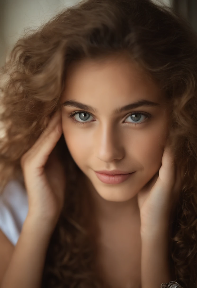 Retrato de uma adolescente bonito de 12 anos com um perfeito, beautiful face , Sente-se na cama, cabelos loiros, Ealistisch, nariz, Flirting with the big CG camera, Fotografia de retrato realista, fotorEalistisch, Pele detalhada, Hiper-realista, nu