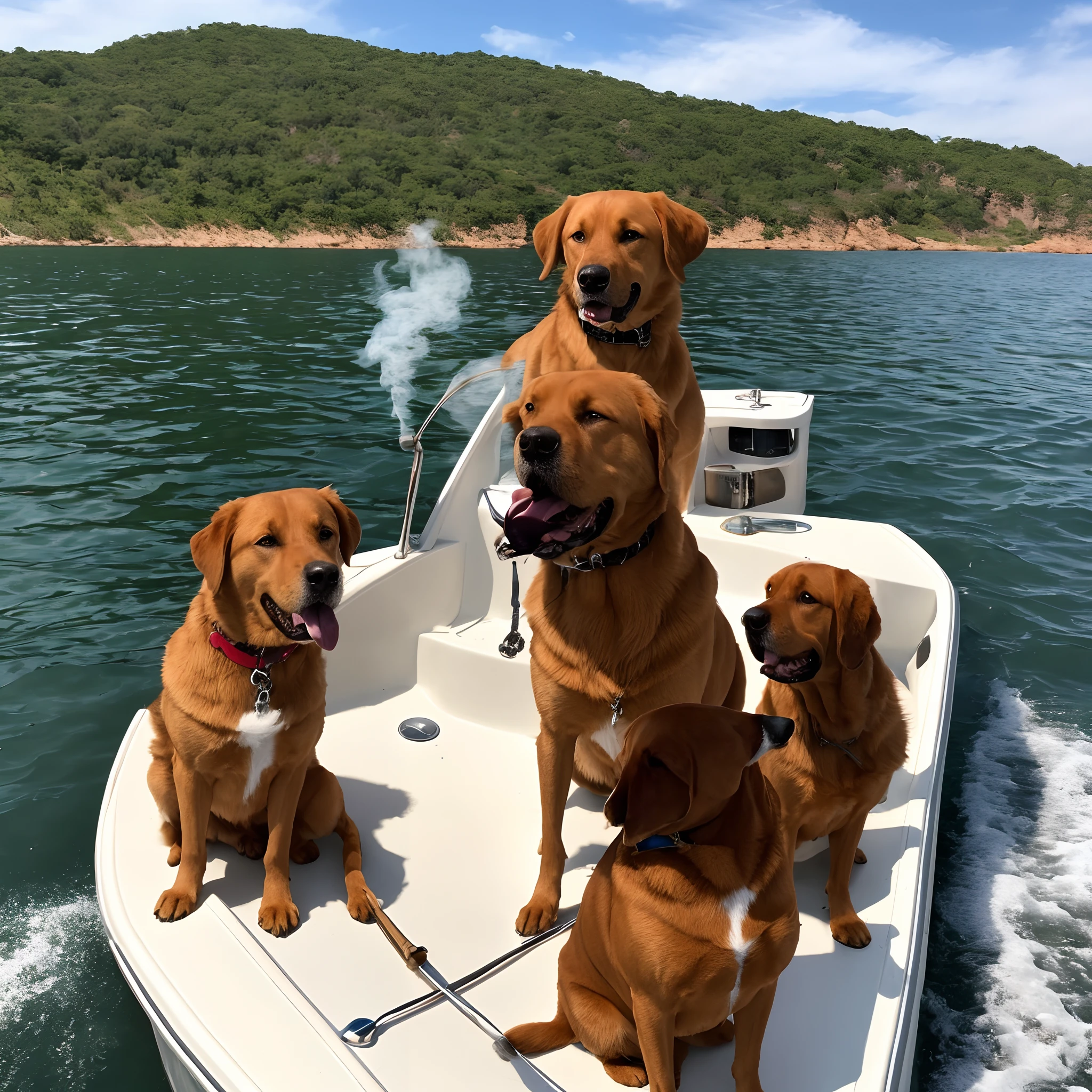 dog driving a boat while smoking a cigar