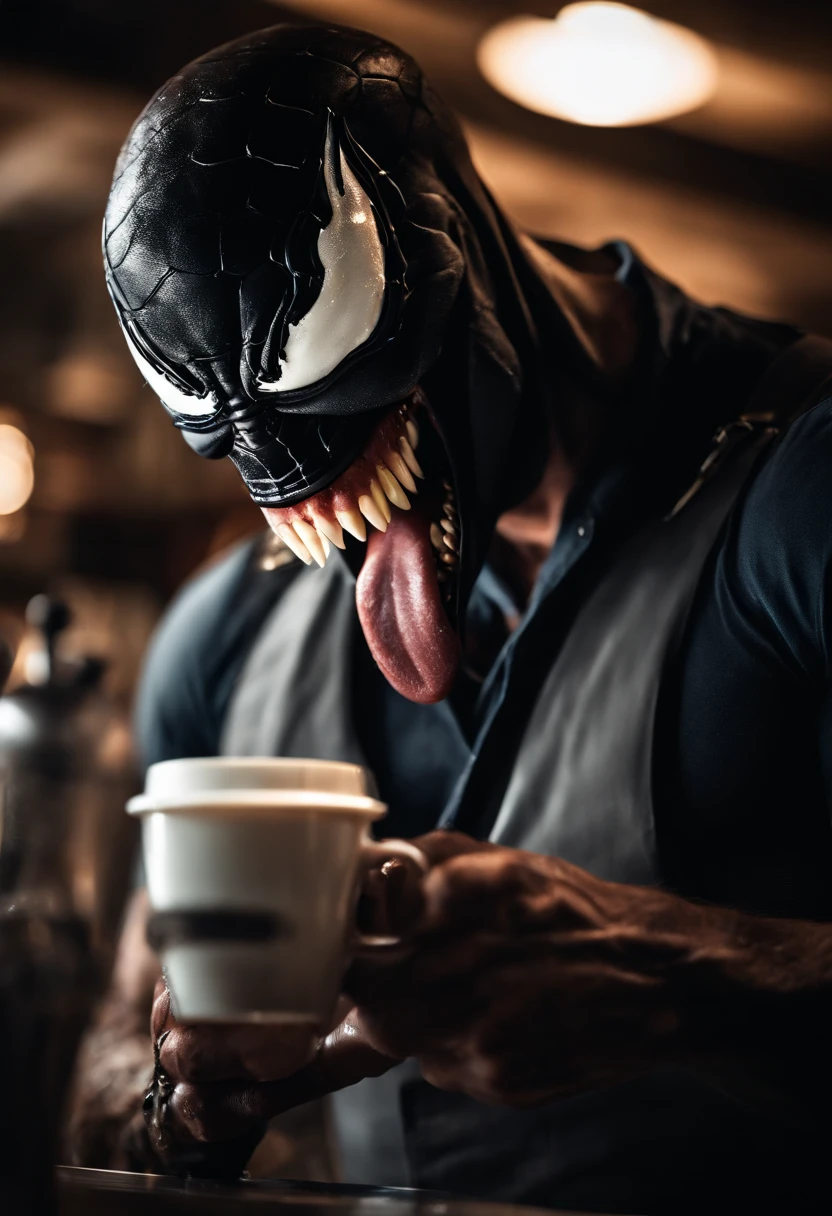 Venom working as a barista, serving coffee, hyper detail, crystal clear image, licking coffee with his long tongue