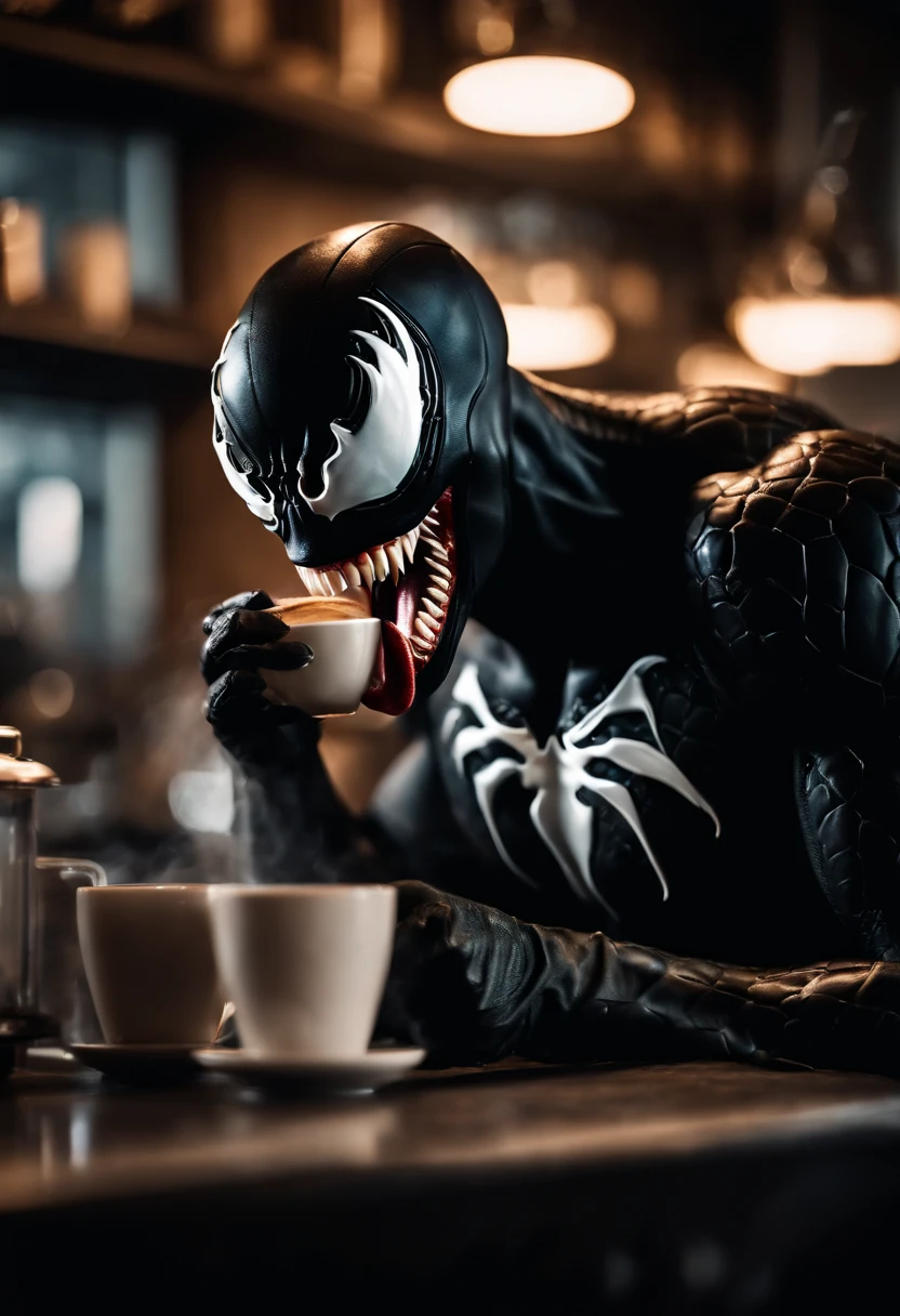 Venom working as a barista, serving coffee, hyper detail, crystal clear image, licking coffee with his long tongue