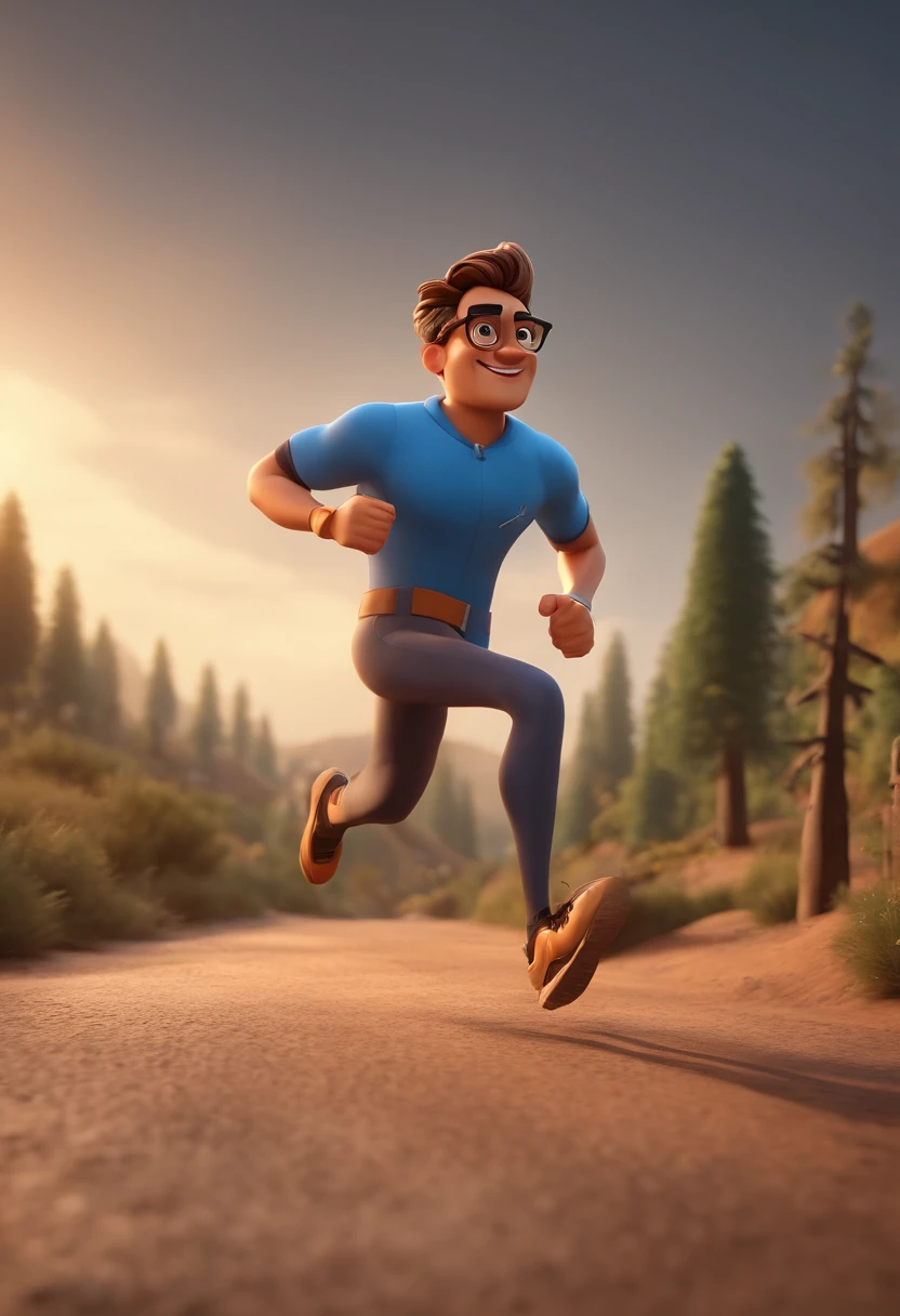 Cartoon character of a man running outdoors with black glasses, cabelo liso, pele cor clara, animation character, Caractere estilizado, animation style rendering, 3D estilizado, Arnold Maya render, 3 d render stylized, toon render keyshot, Personagem 3D, Personagem 3D, 3d rendering stylized, 3 d character render, personagem de desenho animado, Personagem de close up, Pose de personagem, (Estilo Pixar) (master part:1.2) (Bokeh) (melhor qualidade) (pele detalhada) (textura detalhada) (8k) (argila) (Cinematic lighting) (foco nítido)