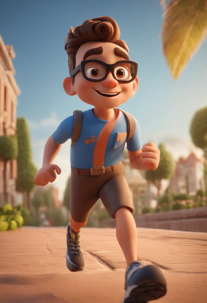 Cartoon character of a man running outdoors with black glasses, cabelo liso, pele cor clara, animation character, Caractere estilizado, animation style rendering, 3D estilizado, Arnold Maya render, 3 d render stylized, toon render keyshot, Personagem 3D, Personagem 3D, 3d rendering stylized, 3 d character render, personagem de desenho animado, Personagem de close up, Pose de personagem, (Estilo Pixar) (master part:1.2) (Bokeh) (melhor qualidade) (pele detalhada) (textura detalhada) (8k) (argila) (Cinematic lighting) (foco nítido)