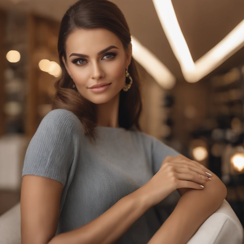 Beautiful brunette wearing a light beige sweater (Nail care in a modern beauty salon), Very detailed, 21 anos, Rosto inocente, cabelos ondulados naturais, olhos azuis, high resolution, master part, best quality, detalhes intrincados, altamente detalhado, Crisp Focus, pele detalhada, textura de pele realista, textura, olhos detalhados, profissional, 4k, sorriso encantador, filmado na Canon, 85 millimeters, profundidade de campo rasa, Cor Kodak Vision, corpo de ajuste perfeito, extremamente detalhado, fotografia_\(Ultra\), photoreallistic, Realista, Post-processing, maximum details, rugosidade, vida real, Ultra realista, fotorrealismo, fotografia, 8k UHD, fotografia, trabalho, s office