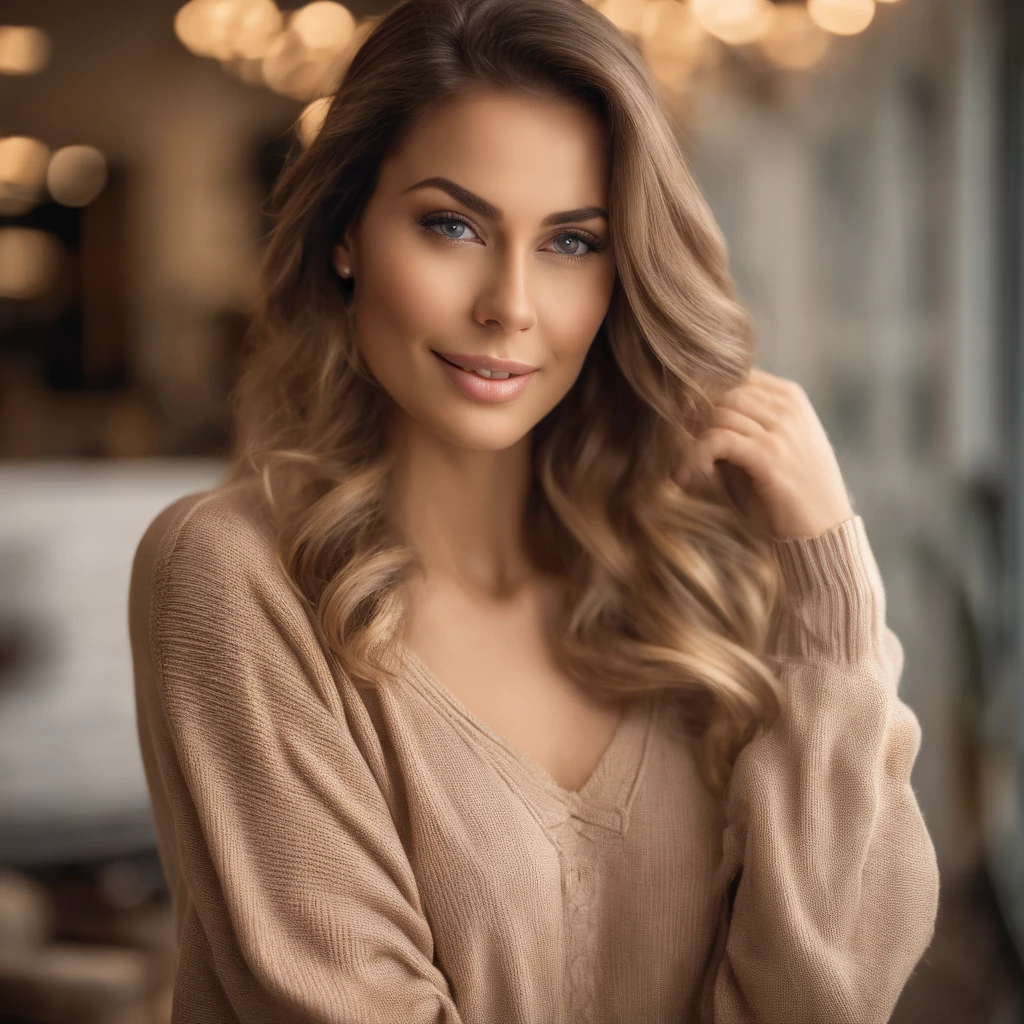 Beautiful brunette wearing a light beige sweater (Nail care in a modern beauty salon), Very detailed, 21 anos, Rosto inocente, cabelos ondulados naturais, olhos azuis, high resolution, master part, best quality, detalhes intrincados, altamente detalhado, Crisp Focus, pele detalhada, textura de pele realista, textura, olhos detalhados, profissional, 4k, sorriso encantador, filmado na Canon, 85 millimeters, profundidade de campo rasa, Cor Kodak Vision, corpo de ajuste perfeito, extremamente detalhado, fotografia_\(Ultra\), photoreallistic, Realista, Post-processing, maximum details, rugosidade, vida real, Ultra realista, fotorrealismo, fotografia, 8k UHD, fotografia, trabalho, s office