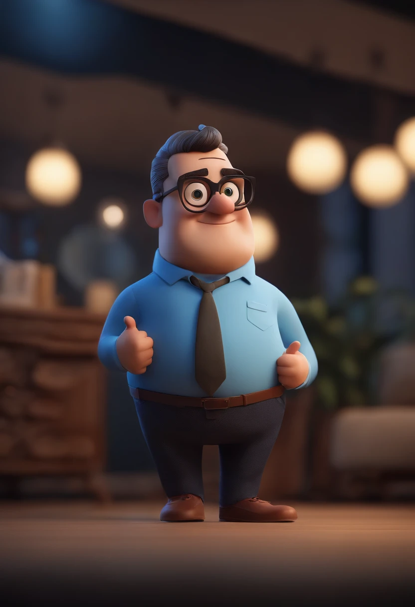 Cartoon character of a man wearing black glasses and a blue shirt, um personagem animado, Caractere estilizado, animation style rendering, 3D estilizado, Arnold Maya render, 3 d render stylized, toon render keyshot, Personagem 3D, Personagem 3D, 3d rendering stylized, 3 d character render, personagem de desenho animado, Personagem de close up, Pose de personagem, (Estilo Pixar) (master part:1.2) (Bokeh) (best quality) (pele detalhada) (textura detalhada) (8k) (argila) (Cinematic lighting) (foco nítido,Senta e vaza a parte superior do corpo