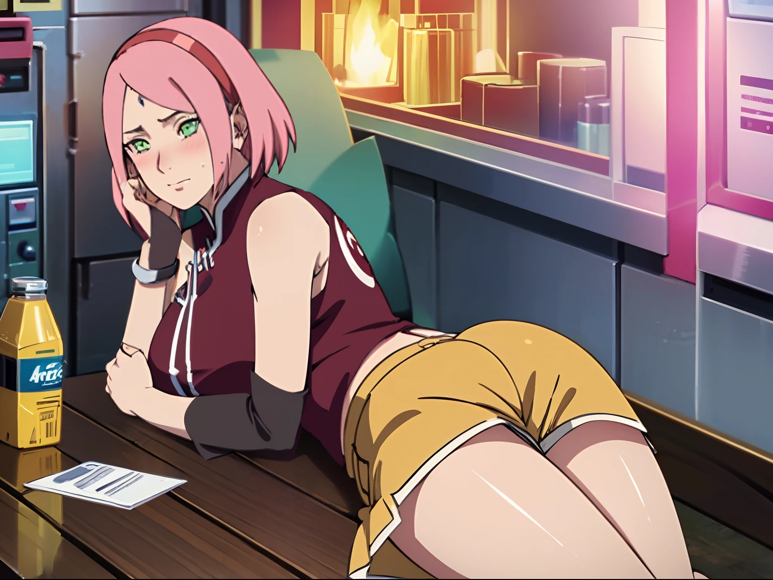 tmasterpiece， hoang lap ， （Complicated details），（rich colourful）， 电影灯光， the Extremely Detailed CG Unity 8K Wallpapers ， Sakura Haruno， 1girll， 独奏，（White top，Yellow shorts，nudegirl， black lence stockings，Superskirt，Legs sweat a lot，Kneeling，Bigboobs， ），（（perspire，Be red in the face，Blush：1.5）），Particularly heavy blush，cowboy lens