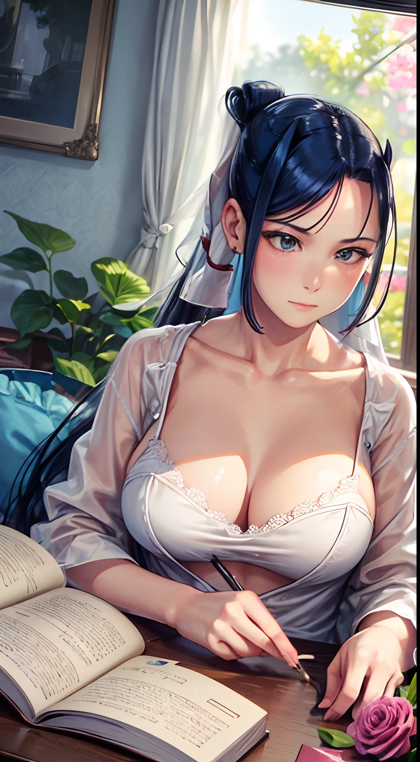 (best quality,4k,8k,highres,masterpiece:1.2),ultra-detailed,(realistic,photorealistic,photo-realistic:1.37),Wearing sexy pajamas,graceful figure,coquettish,detailed eyes and face,longeyelashes,steamy atmosphere,relaxed environment,dimly lit room,study room,comfortable sofa,Walls adorned with bookshelves,big window,soft light,random enchanting movements,sensual atmosphere,facing the camera,charming smile,focused eyes,imaginative,creative aura,books scattered on the floor,first love theme,colorful flowers,intricate patterns on the wallpaper,subtle fragrance in the air,vibrant colors,light pastel tones,soft and warm lighting,literature and romance meeting in one place
