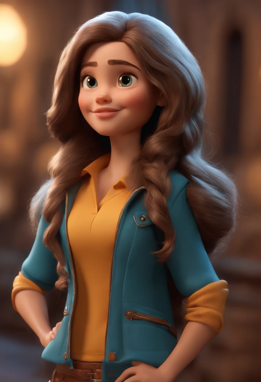 personagem dos desenhos animados de uma menina de 7 anos, cabelos castanhos claros, olhos azuis, , animation character, Caractere estilizado, animation style rendering, 3D estilizado, Arnold Maya render, 3 d render stylized, toon render keyshot, Personagem 3D, Personagem 3D, 3d rendering stylized, 3 d character render, personagem de desenho animado, Personagem de close up, Pose de personagem, (Estilo Pixar) (master part:1.2) (Bokeh) (best quality) (pele detalhada) (textura detalhada) (8k) (argila) (Cinematic lighting) (foco nítido)