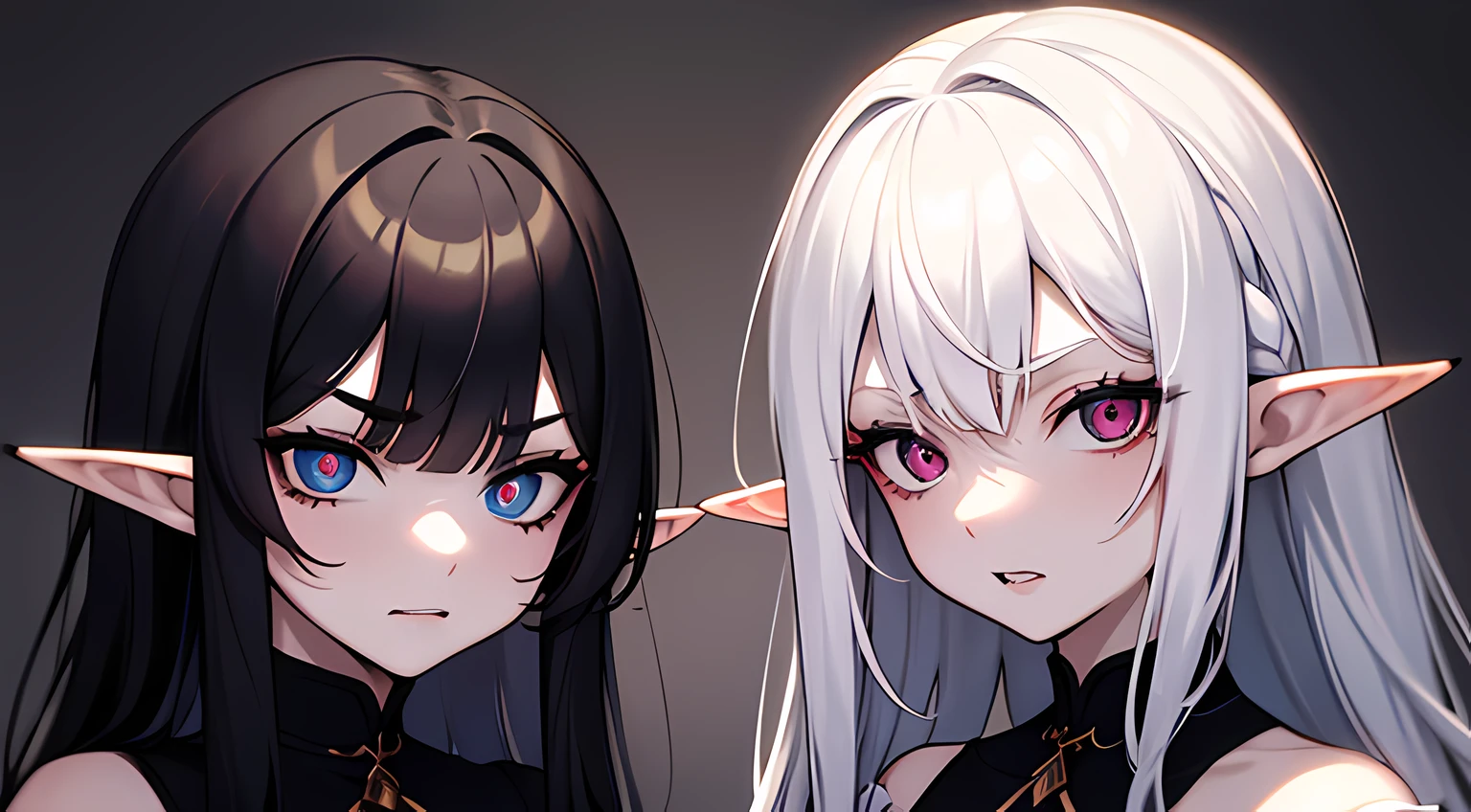 two elf girls, looking at viewers, black long hair, White short hair, Dark colors, ghotic style, Creepy style, Mommy Vibe, Two elf, Crazy, Strong facial study, Wild expression on his face, anger, Cat's pupils, grin, night time, bedroom