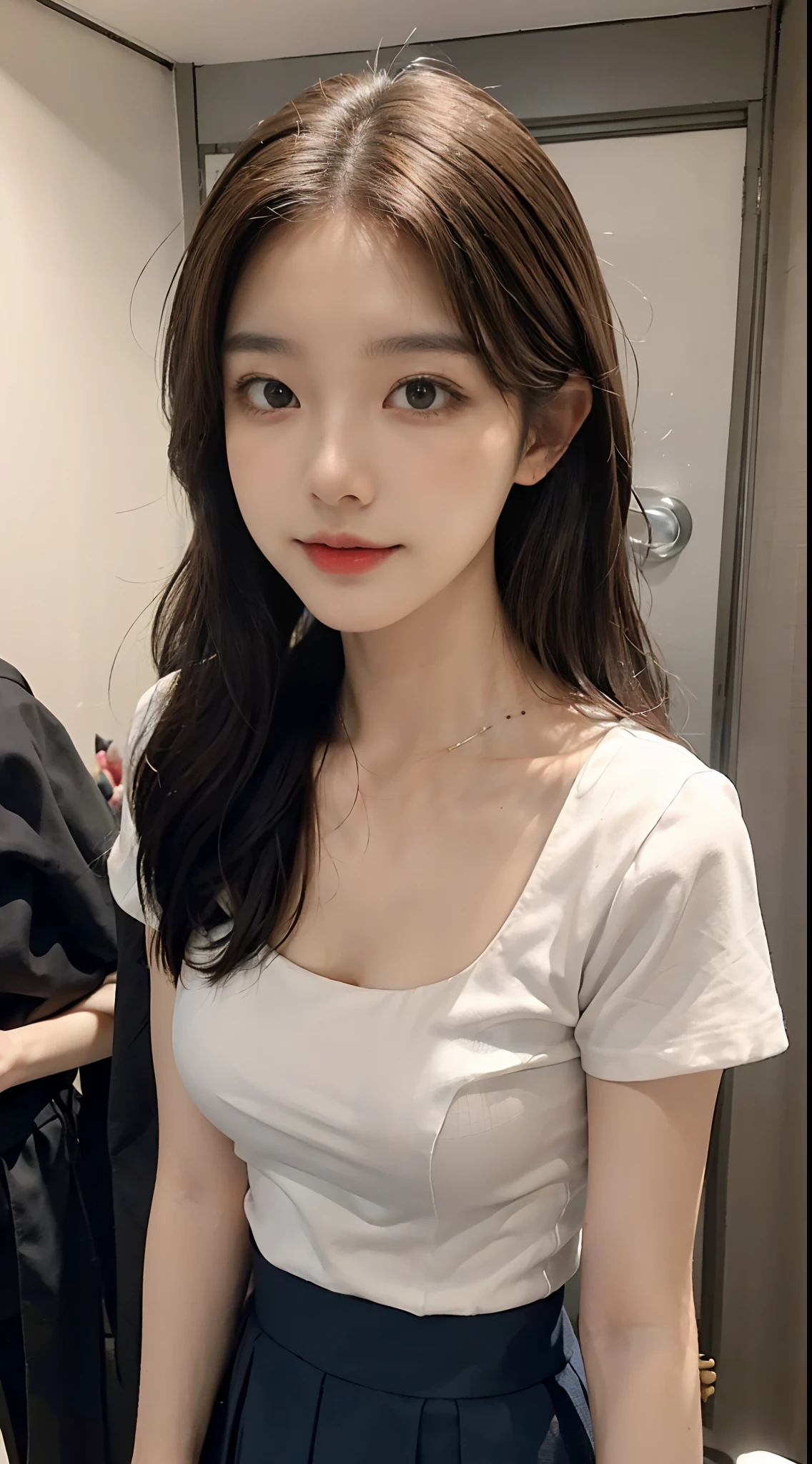 ((The highest image quality, 8K, tmasterpiece: 1.3)), Self-shot, Sharp Focus: 1.2, Cute beauty with perfect figure: 1.4, slim, ((Brown hair black)) , (white tee,pleatedskirt,Highly detailed face,Happy expression,standing on your feet:1.2),((Blue Sky City 1.3. Produced mainly by women)),Highly detailed facial and skin texture,Detailed eyes,二重まぶた,Delicate skin,realskin