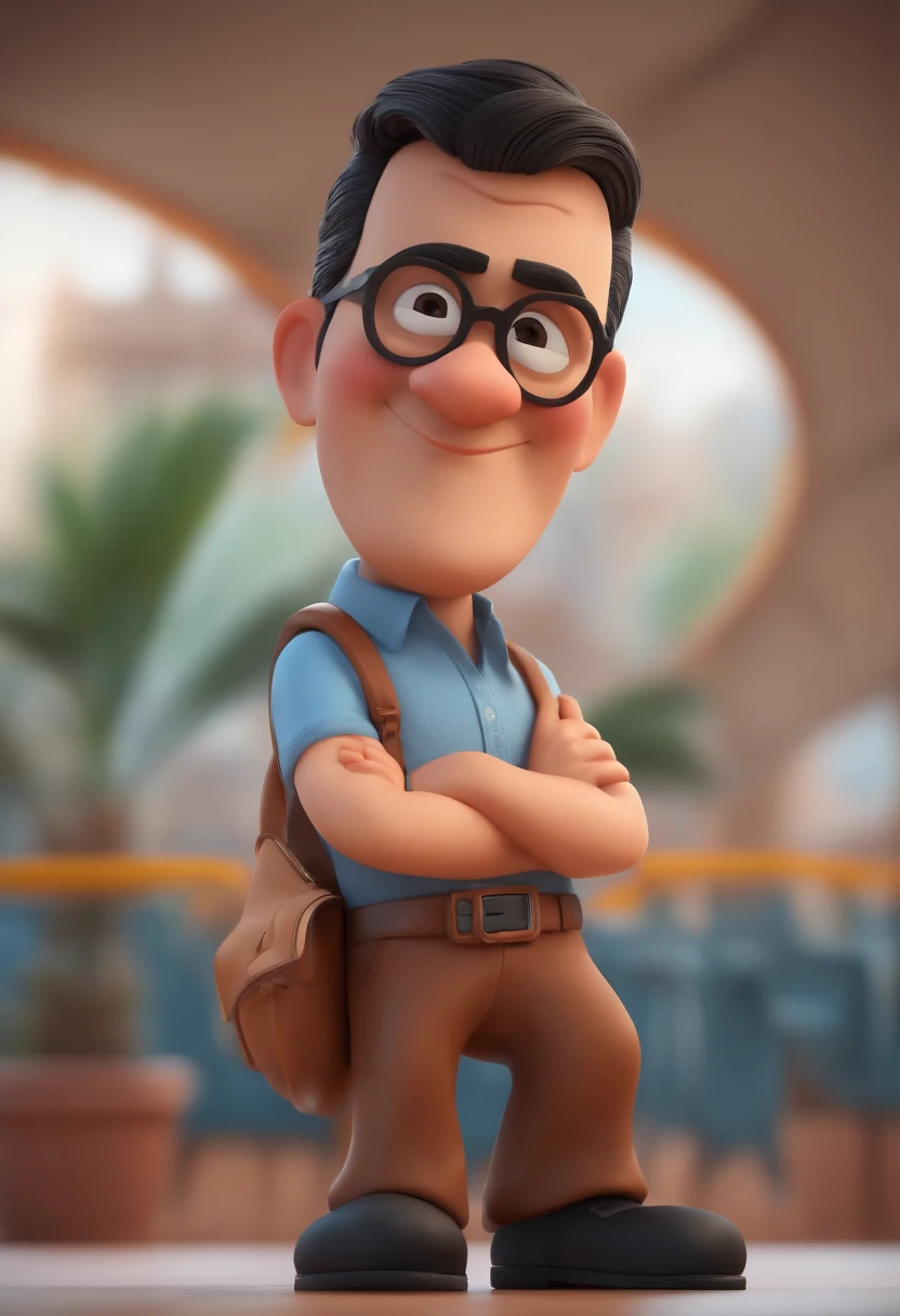 Cartoon character of a man with black glasses and a blue shirt, cabelos lisos repartidos ao meio, rosto um pouco quadrado olhos um pouco puxados, nariz pequeno um pouco redondo nas pontas, Half Thick Eyebrows Animation Character, Caractere estilizado, animation style rendering, 3D estilizado, Arnold Maya render, 3 d render stylized, toon render keyshot, Personagem 3D, Personagem 3D, 3d rendering stylized, 3 d character render, personagem de desenho animado, Personagem de close up, Pose de personagem, (Estilo Pixar) (master part:1.2) (Bokeh) (melhor qualidade) (pele detalhada) (textura detalhada) (8k) (argila) (Cinematic lighting) (foco nítido