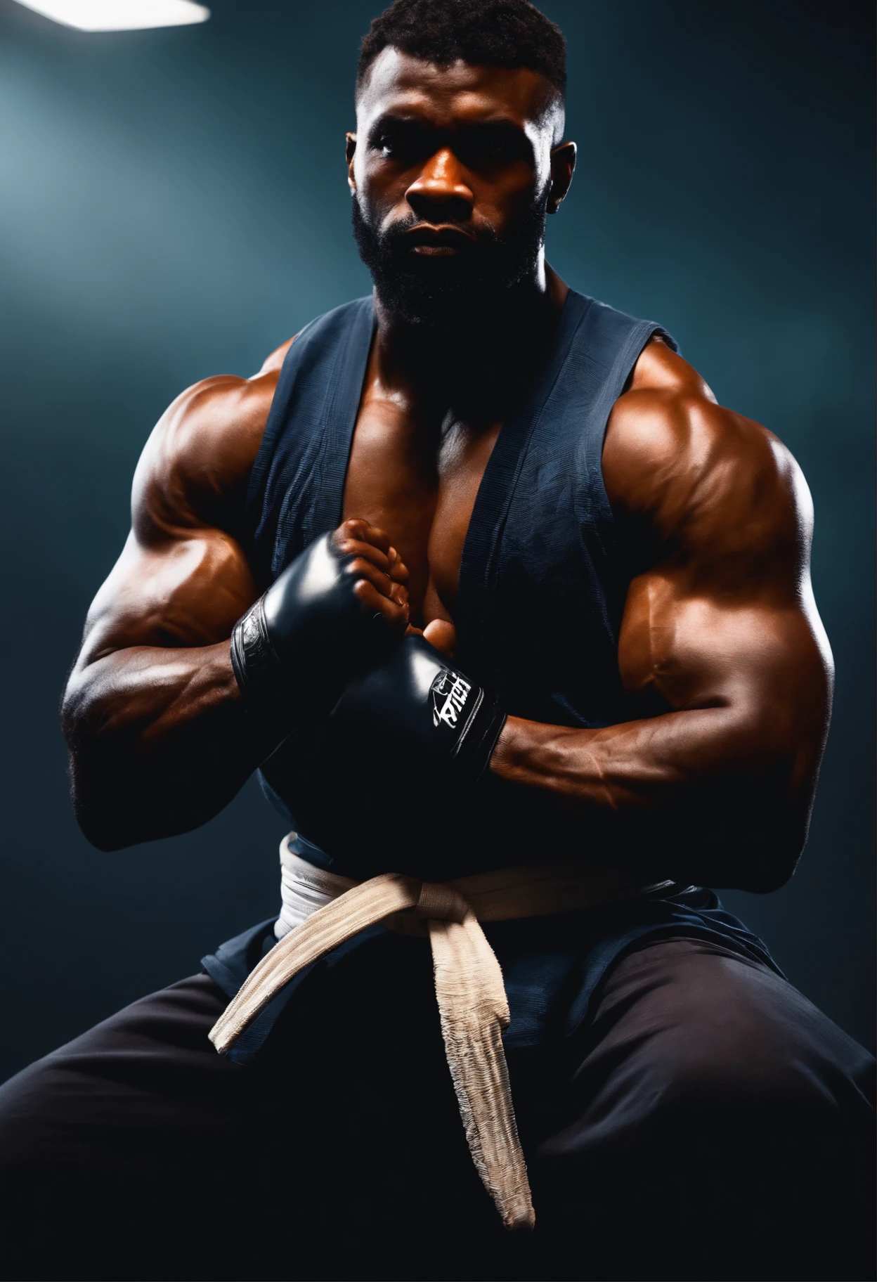 homem Negro em frente a uma gigantesca montanha ao fundo, with arms crossed, Man in combat position, Quimono de jiu-jitsu, 8k, hyper realista, detalhado.
