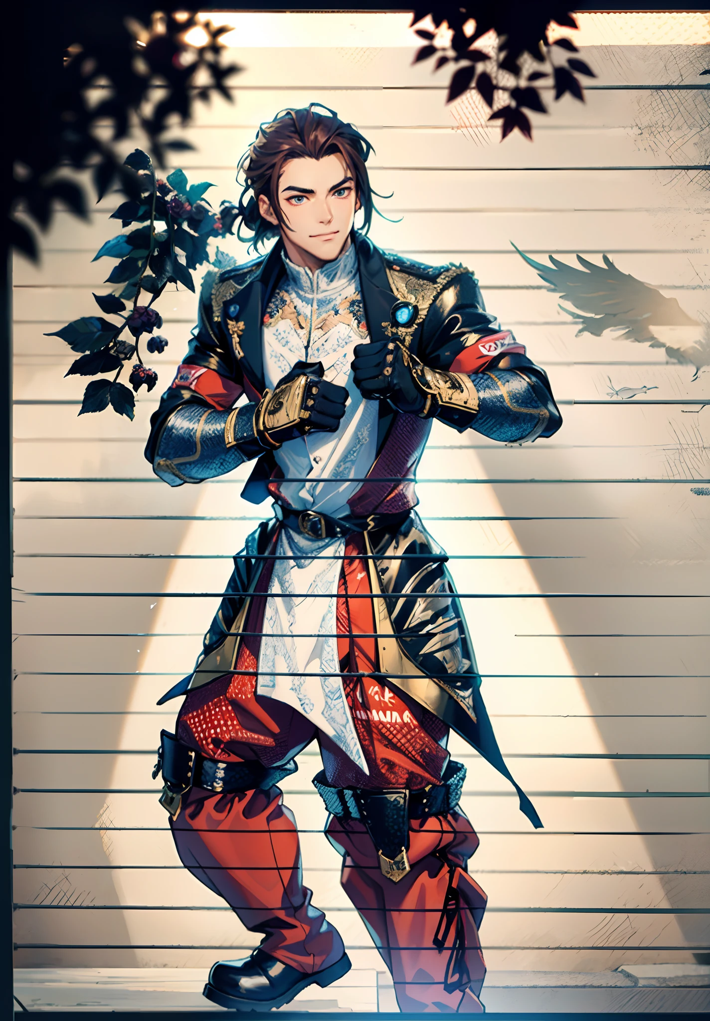 A young man, auburn hair, a center-parted back hairstyle, dark skin, narrow eyes, a cunning smile, a two-piece fantasy-reality style outfit, a white undershirt, a dark formal-style coat, wearing gloves, matching trousers with the outfit, has metallic-adorned knee-high boots, striking a boxing pose, against a background of horizon, this character embodies a finely crafted fantasy-reality style fighter in anime style, characterized by an exquisite and mature manga illustration art style, high definition, best quality, highres, ultra-detailed, ultra-fine painting, extremely delicate, professional, anatomically correct, symmetrical face, extremely detailed eyes and face, high quality eyes, creativity, RAW photo, UHD, 8k, Natural light, cinematic lighting, masterpiece-anatomy-perfect, masterpiece:1.5